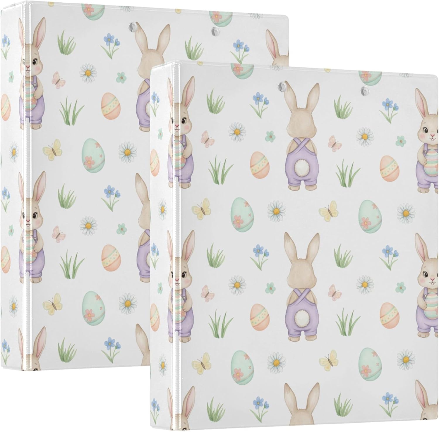Easter Bunny and Egg 3 Ring Binders, 1.5” Round Ring Binders with Clipboard - Letter Size, 3 Interior PVC Clear Pockets & Anti-Slip Clip for Office School Supplies, 2PCS