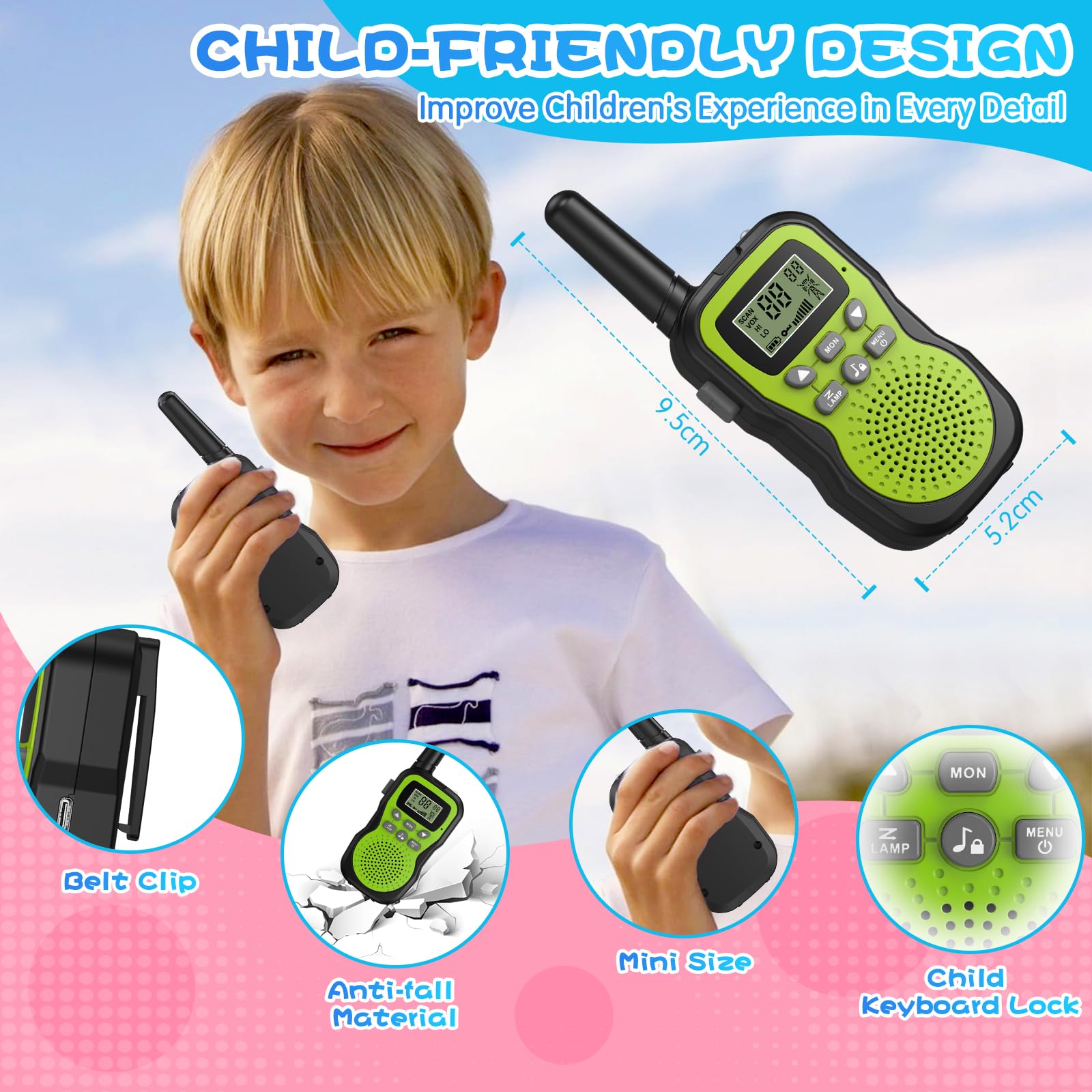 Walkie Talkie Bambini 3 Pezzi, Apkezel Walkie Talkie Bambini Ricaricabili con Batteria da 1000 mAh, Große Reichweite 3km Woki Toki Bambina con Torcia VOX per Esterni, Campeggio, Escursionismo