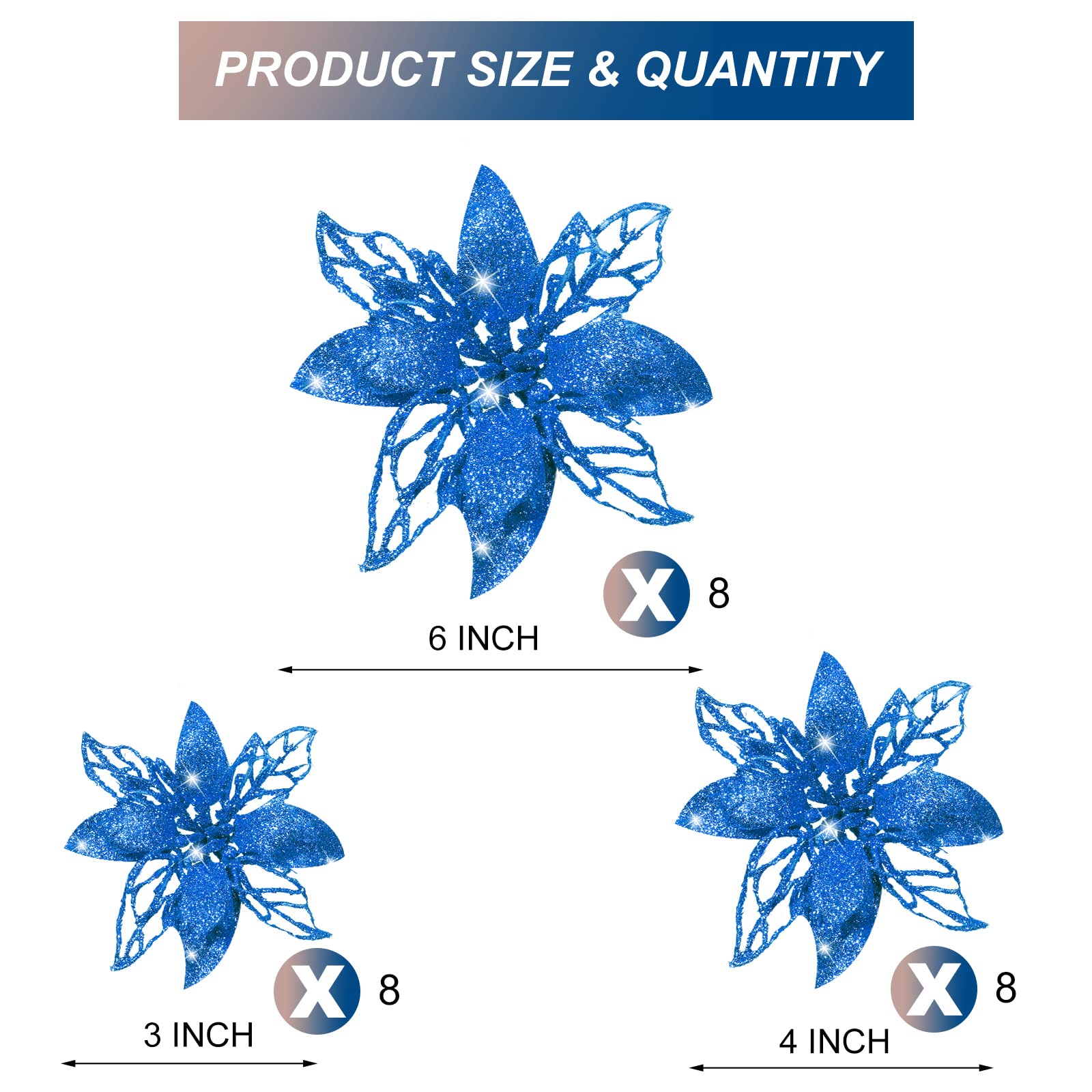 24 Stück Glitzer-Weihnachtssterne – Künstliche Blumen In 3 Größen (8/10/15 Cm) Für Baum, Deko & Hochzeit, Gold