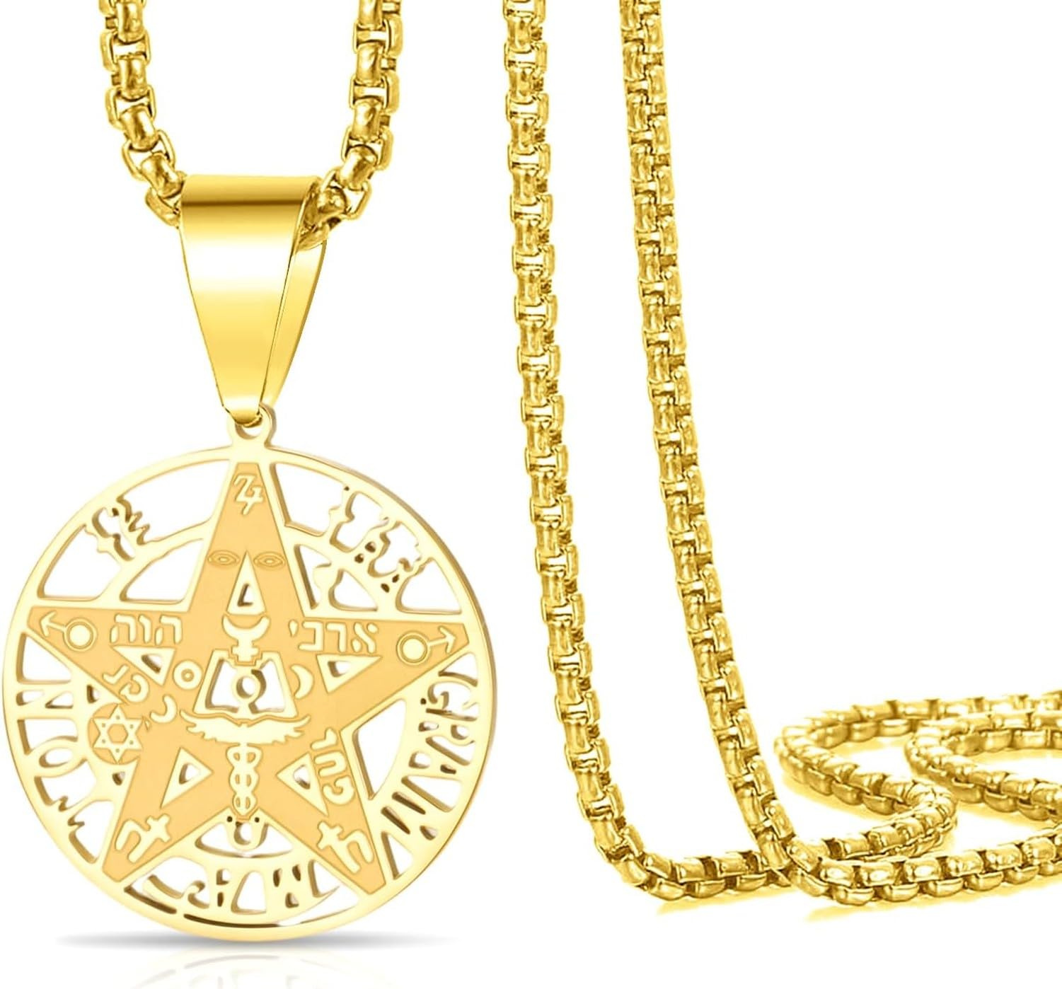 Eouyt Pentagram Tetragrammaton Necklace For Men Women, Hebrew Pentacle Pendant Protection Amulet Wicca Pagan Jewelry Gifts, gold-tetragrammaton