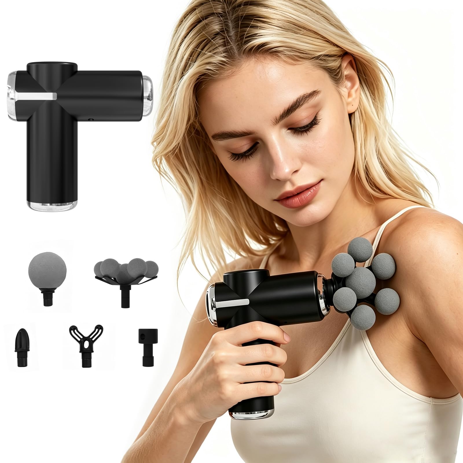 Massagepistole, Tiefengewebe, tragbare Percussion-Massagepistole zur Linderung von Rückenschmerzen, Handmassagepistole mit 5 Massageköpfen, professionelle Muskelpistole für Sportler