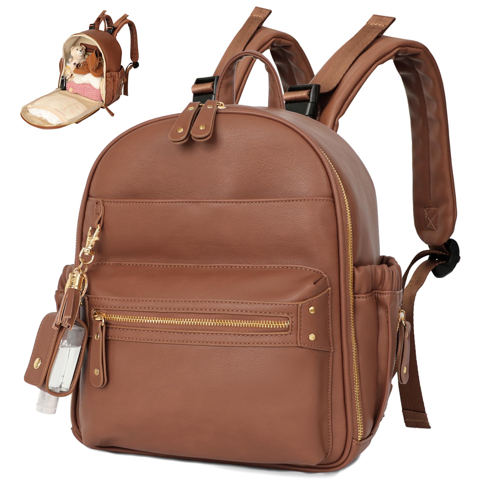 miss fong Small Diaper Bag Mini Diaper Bag Backpack, Leather Diaper Bag,baby diaper bag for Baby Girls & Boys, 11 Pockets Diaper Bag Organizer with Hand Sanitizer Holder, 2 Insulated Pockets, Brown-image-33