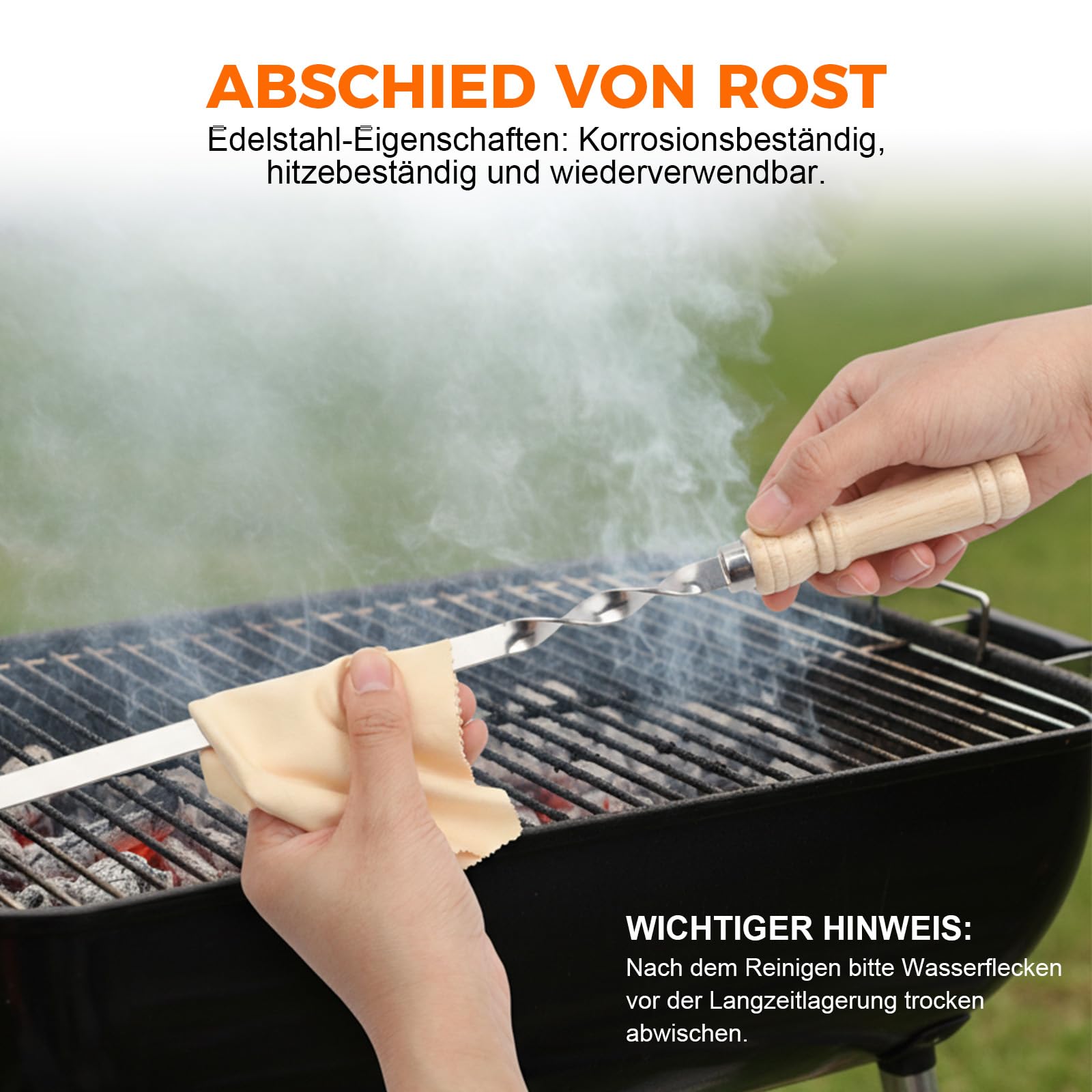 Spiedini per barbecue in acciaio inox, riutilizzabili, 10 spiedini per shish kebab in acciaio inox, piatti lunghi con manico in legno, per carne, verdure, kebab (55 cm di lunghezza)