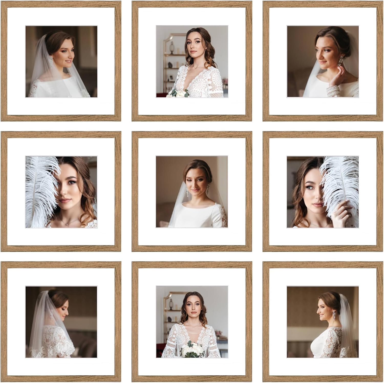 12x12 Picture Frame Set of 9, Display Pictures 8x8 with Mat or 12x12 without Mat, Multi Collage Gallery Square Photo Frames for Wall or Tabletop,Light Brown Light Brown 12x12