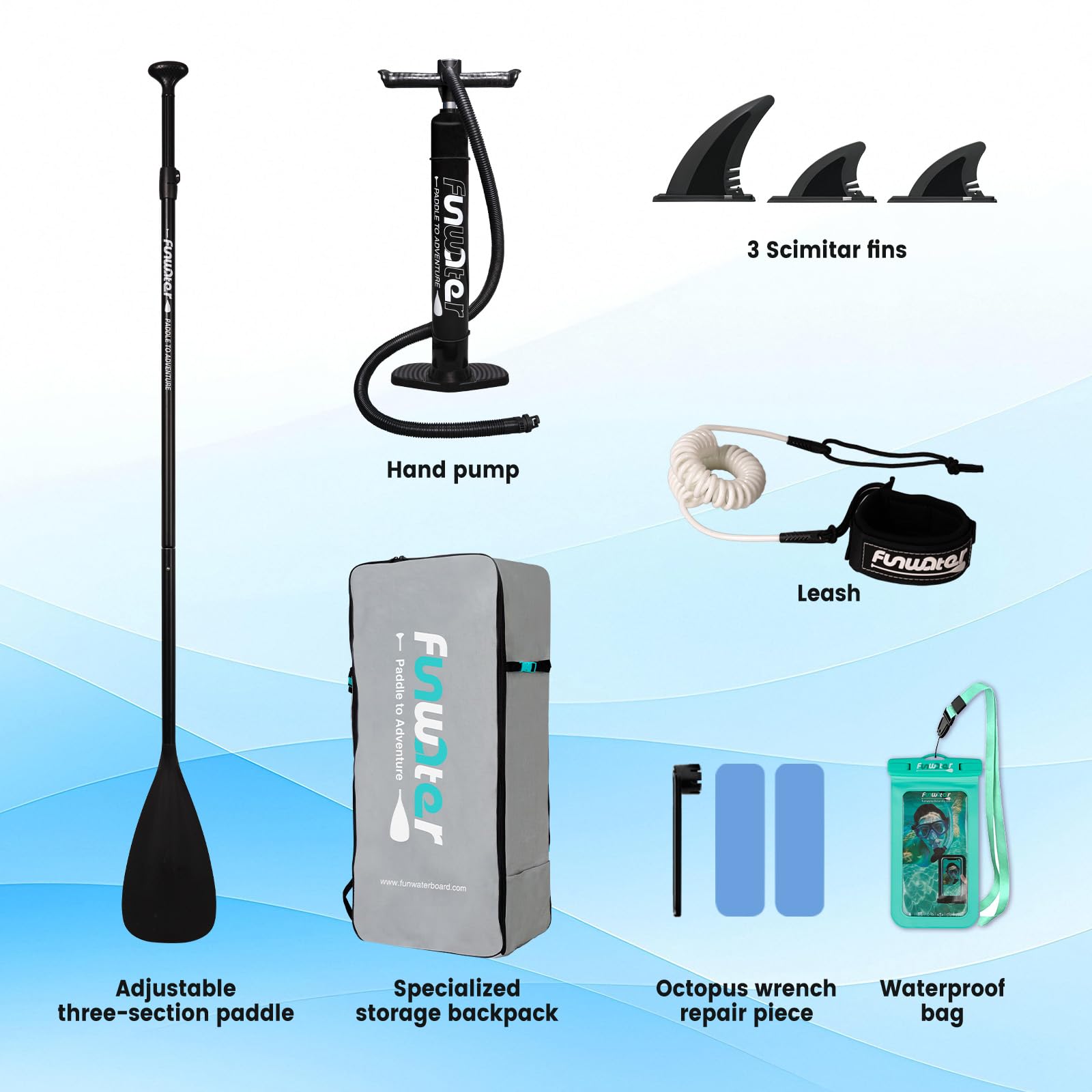 FunWater Aufblasbares Stand Up Padding Board, Ultra-Leicht SUP Board Zubehör: Verstellbares Paddel, Pumpe, Rucksack, Leash, Finnen – Für alle Könnerstufen