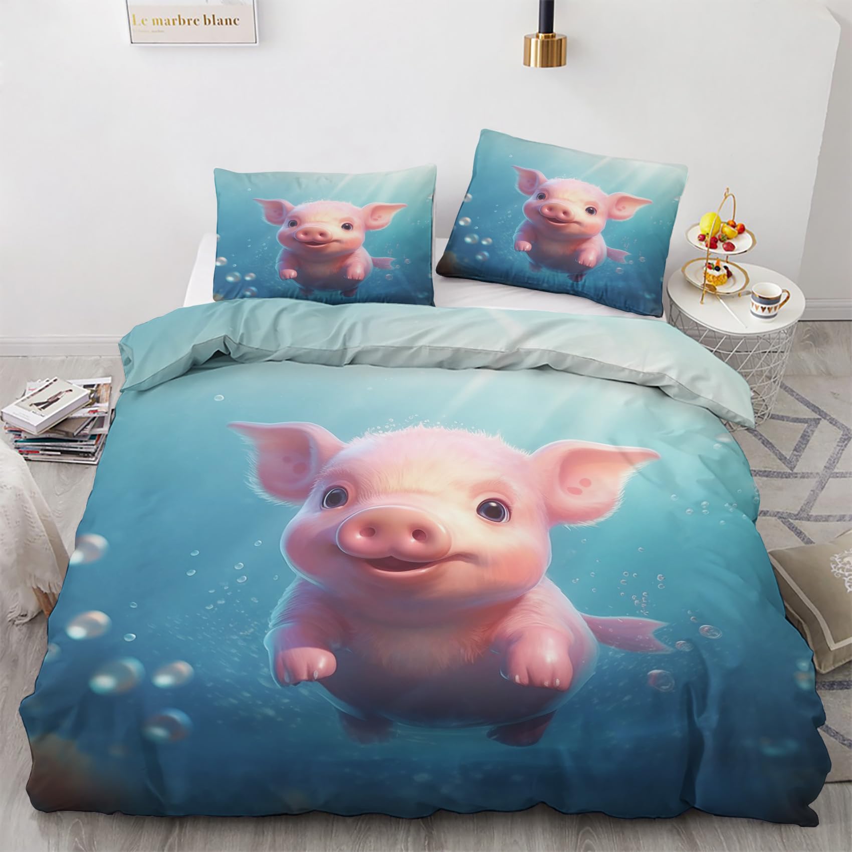 Pig King Size Duvet Cover Sets - Cartoon Animal Bedding Set - Reversible Quilt Cover & 2 Pillowcases with Zipper Closure, Ultra Soft and Non Iron Brushed Microfibre Bed Set 230x220 L7-&-258