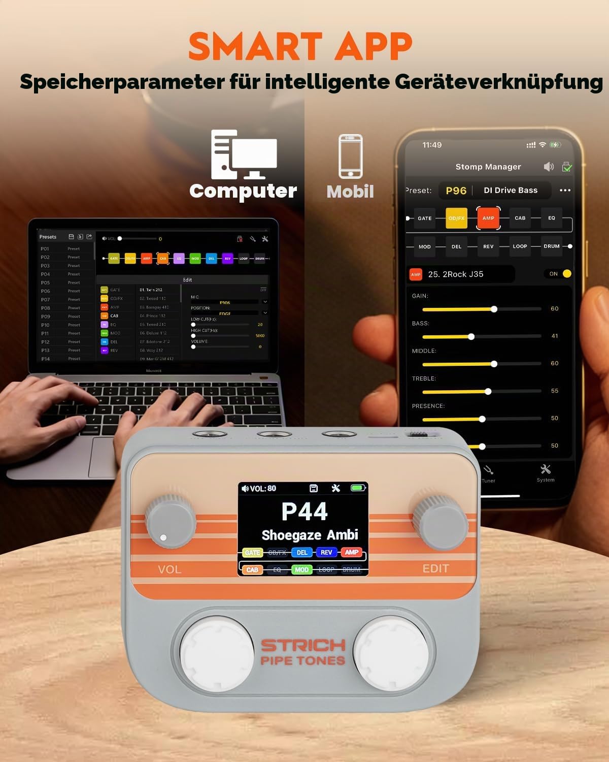 STRICH Pipe Tones Pocket Multi-Effekt Prozessor für Gitarre und Bass, 10 Effektmodule, 125 Effekte, 40s Looper, 100 Drum Patterns, USB Audio Interface, Wireless Control (Grau)