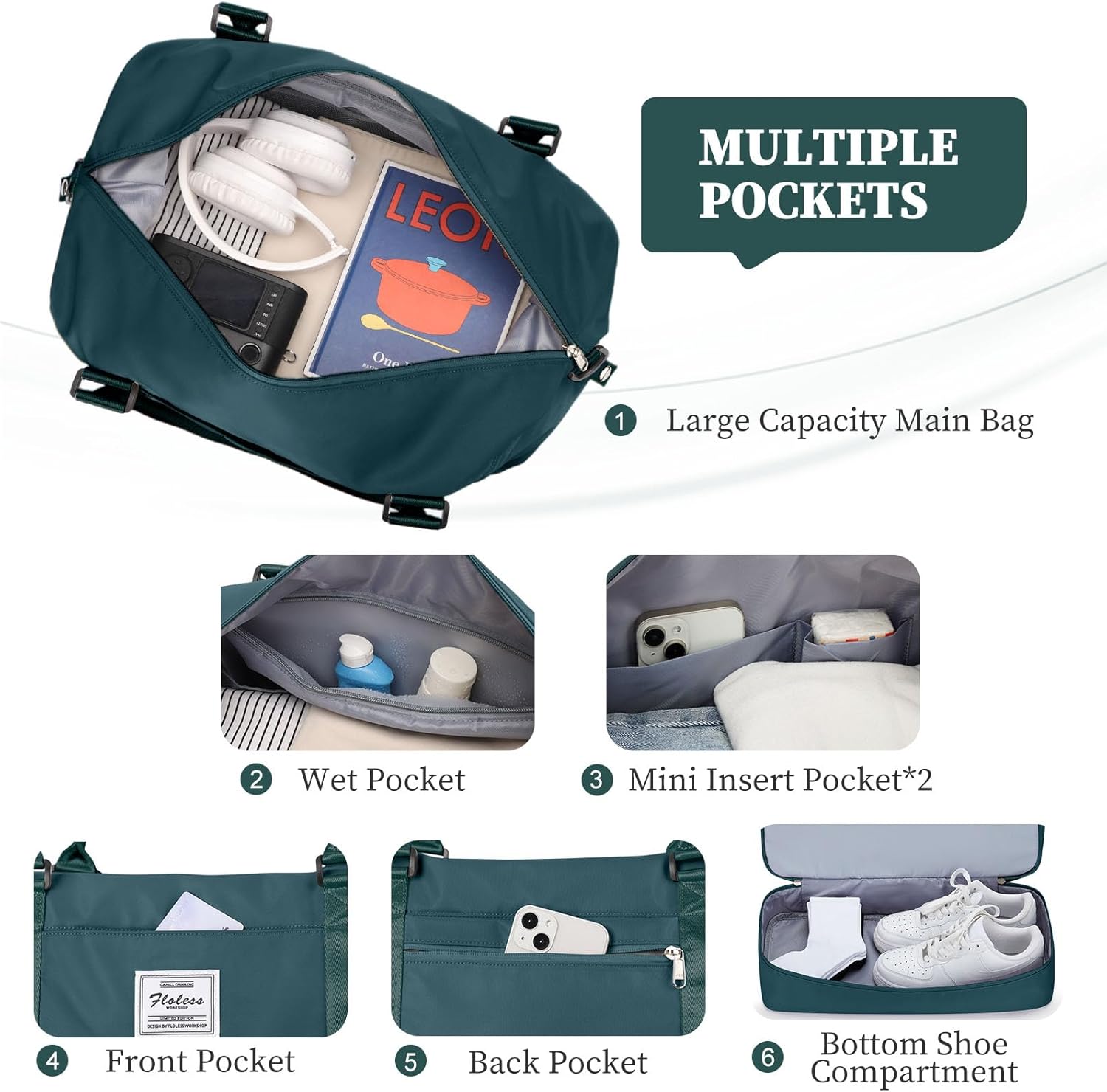 Weekender Bags for Women,Overnight Travel Duffel Bag with Shoes Compartment& Toiletry Bag,Extra Large(Peacock Blue) - Image 5