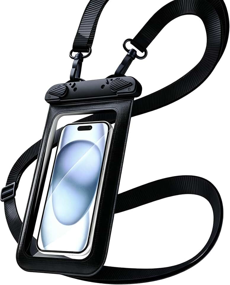 Bolsa Estanca Móvil, Funda Impermeable para iPhone 17e 17 16e 16 15 Air Pro MAX Plus, Galaxy S26 S25 Ultra, Pixel 10 Series y Otros hasta 7.5", Bolsa Seca IPX8，Negro
