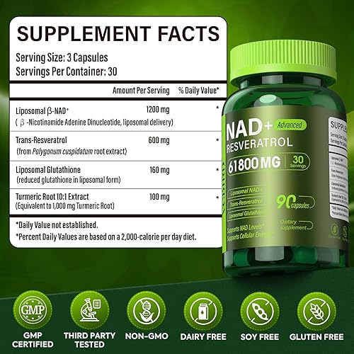 Miniatura 8 de Suplemento liposomal NAD con resveratrol 61800mg por botella - NAD Resveratrol para mujeres y hombres - Suplemento NAD+ de alta pureza de 1200 mg