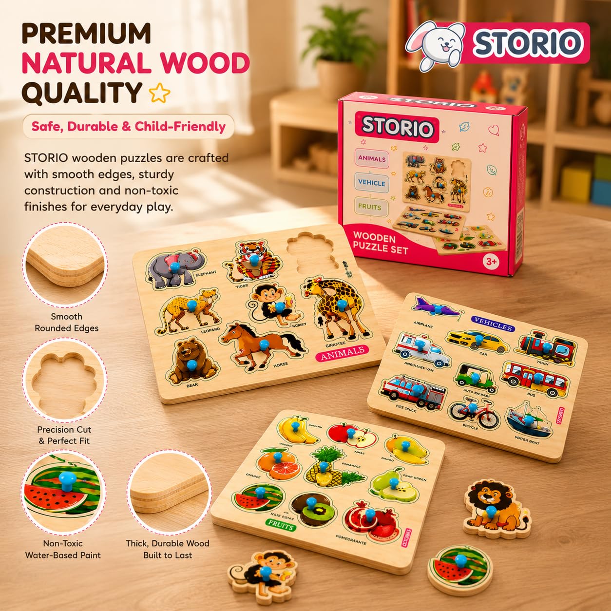 Storio Wooden Puzzle Combo Set for Kids, Vehicle Fruit & Animal Knob Puzzles, Montessori Educational Learning Toy, Fine Motor Skill Wooden Board for Toddlers Boys Girls Age 2+ Years — Amazon image 4
