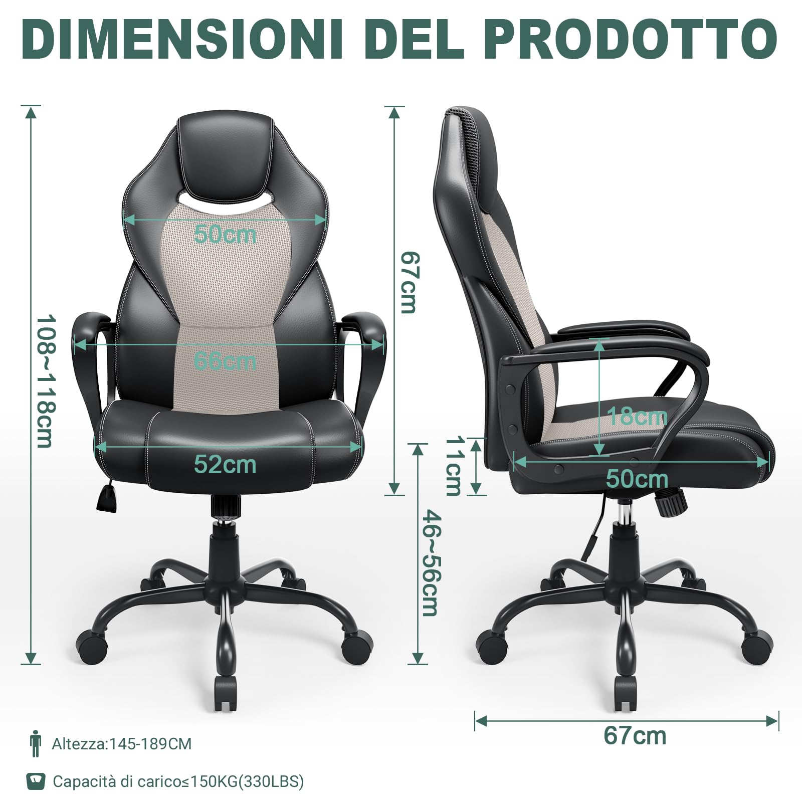 BASETBL Sedia Ufficio Ergonomica Sedia da Ufficio Direzionale in Pelle Altezza Regolabile Sedia Gaming Sedia da Scrivania a Rotelle Girevole Reclinabile Schienale Alto Supporto Lombare Grigio