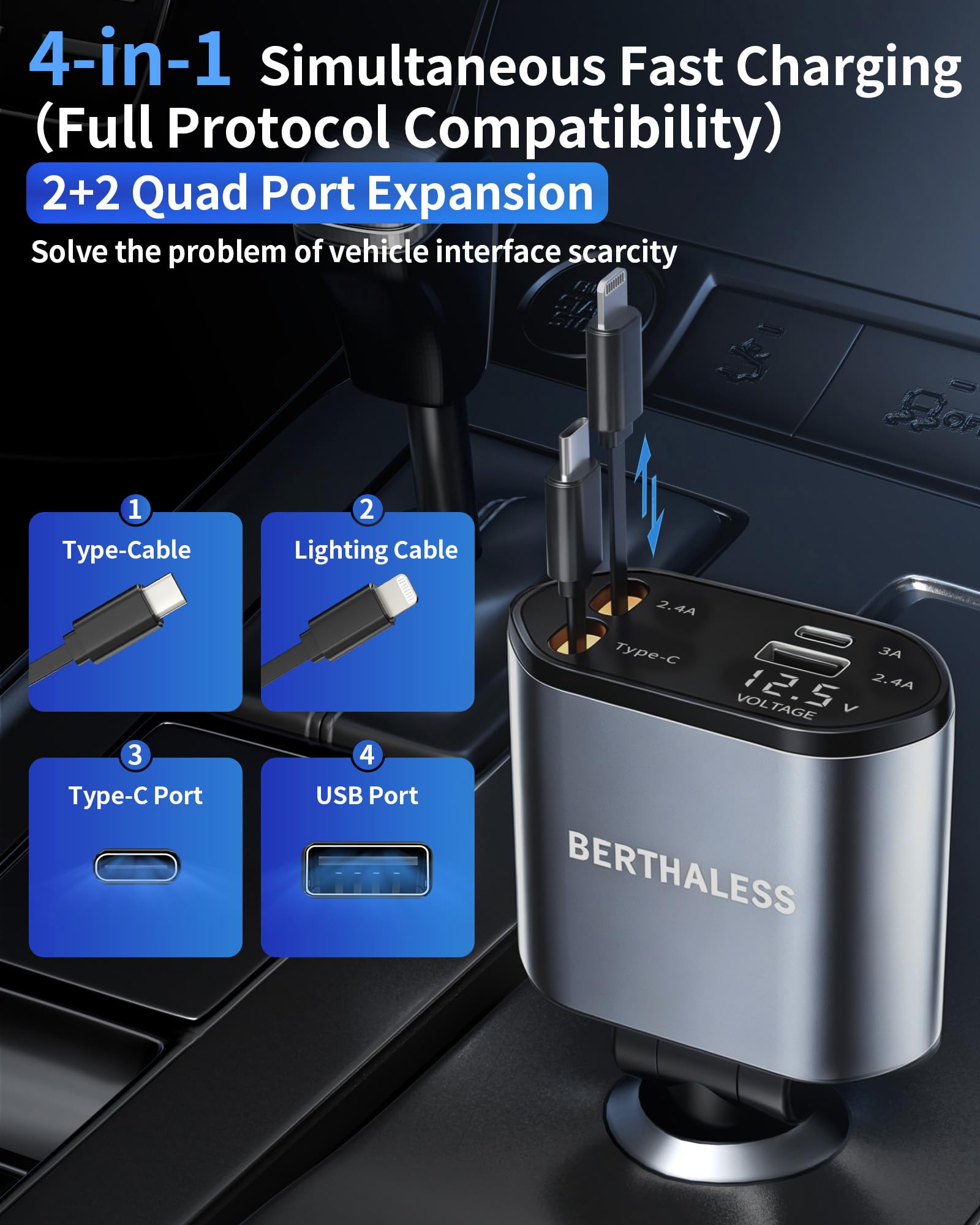 BERTHALESS Cargadores de automóvil retráctiles para cargador de coche, Estacion de carga, Cargador multiple