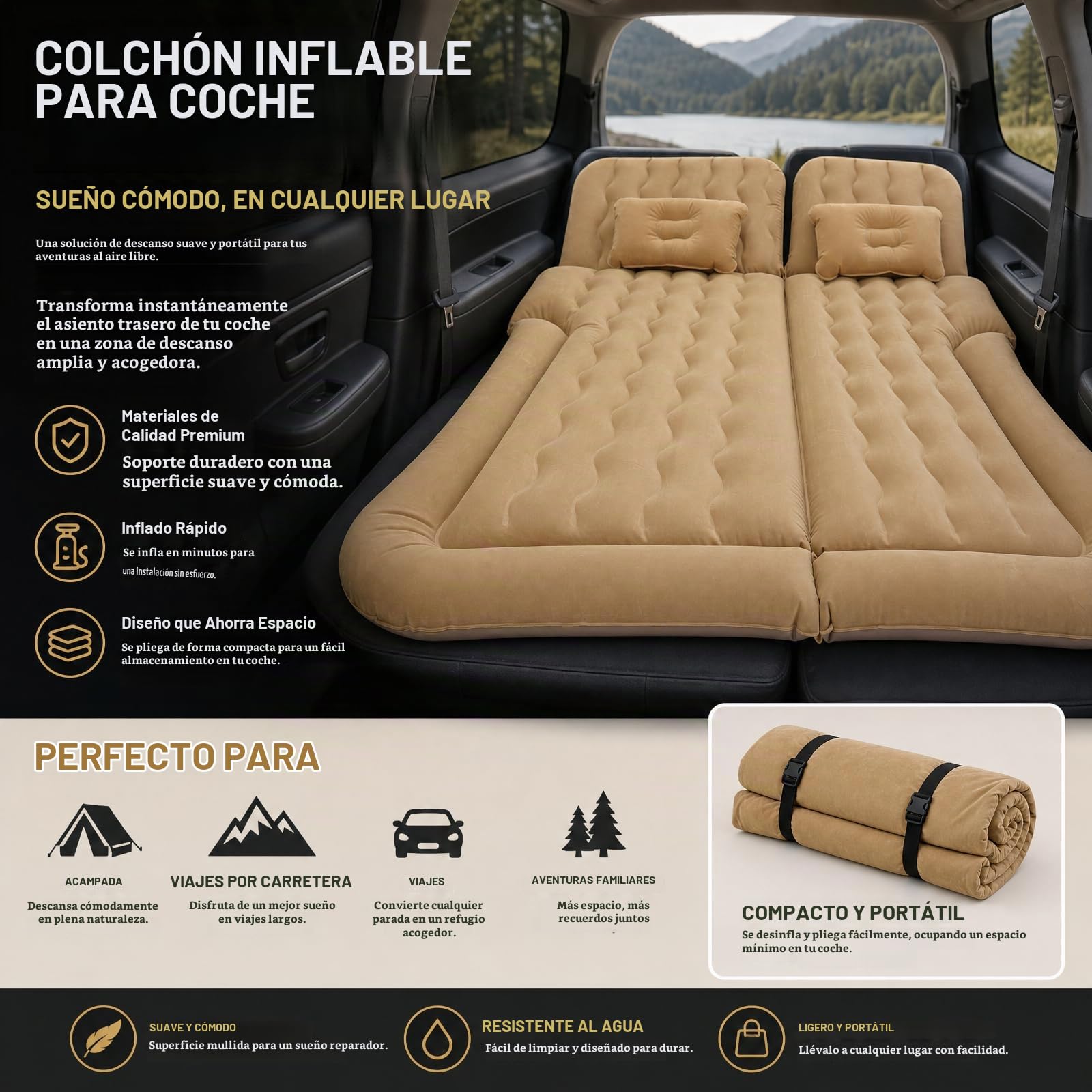Colchón plegable para coche, 174 x 126 cm, colchón de aire portátil de 300 kg, superficie de apoyo para vehículo con bomba eléctrica, colchón para dormir de camping con almohada, cama de viaje