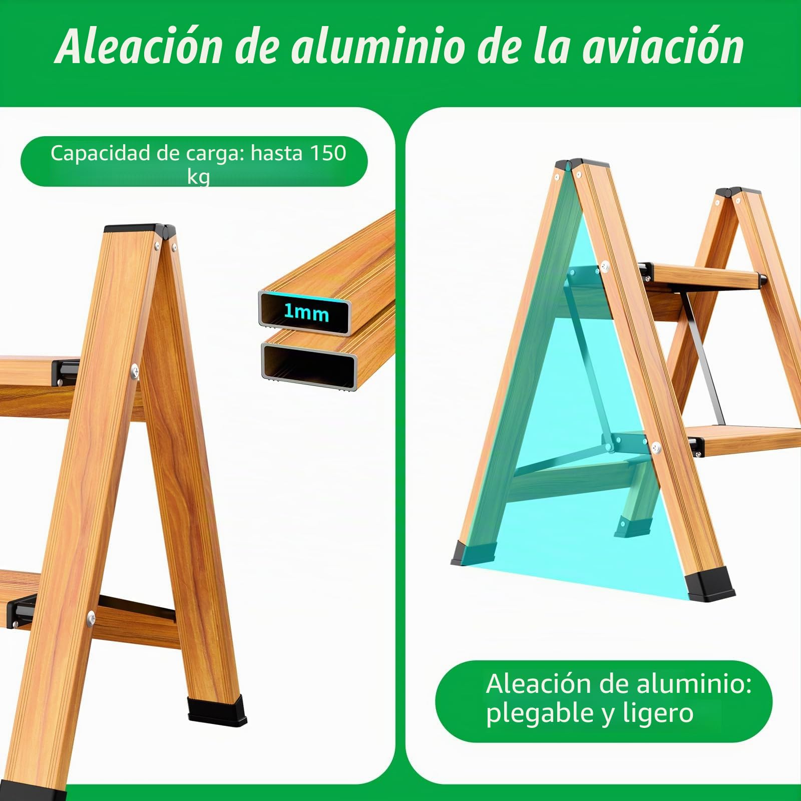 Escalera plegable de aluminio de 2 peldaños, antideslizante, escalera multifunción portátil con diseño de vetas de madera, soporta hasta 150 kg para cocina, baño y camping