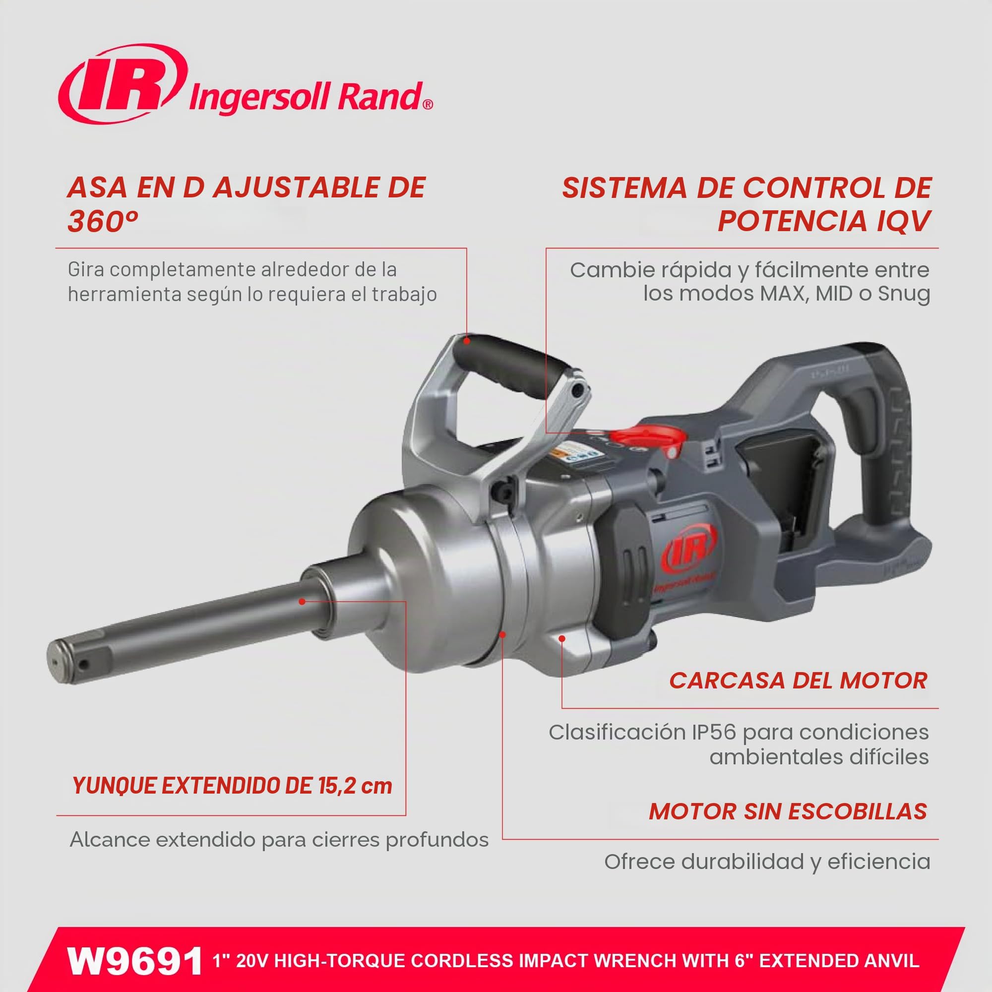Ingersoll Rand W9691 Llave de Impacto 1" 20V Inalámbrica - Potente y Versátil Herramienta con Yunque Largo - Baterías Ion-Litio 5.0 Ah y Cargador