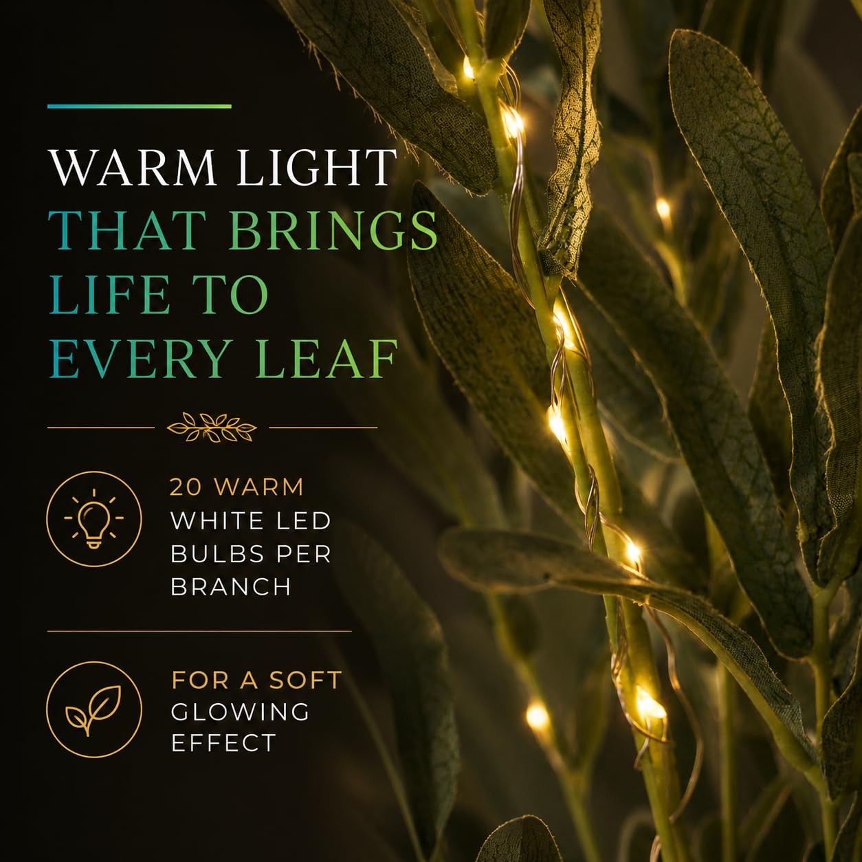 Festive Lights - Lot de 5 branches lumineuses décoratives en forme de feuilles d'olivier de 15 x 65 cm avec 300 LED blanc chaud - Feuillage d'intérieur alimenté par piles, design vert, fonction