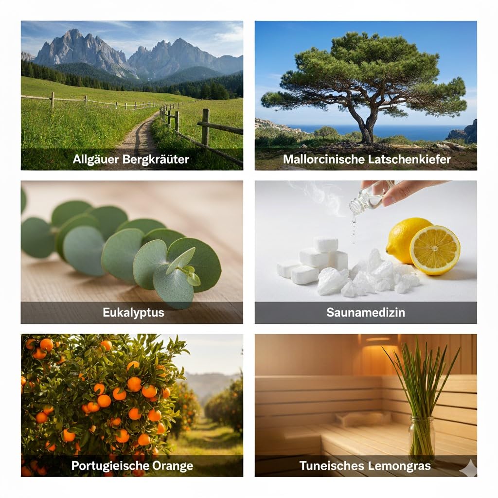 Dufte Momente | 6 x 250ml Saunaduft Konzentrat | Allgäuer Bergkräuter, Eukalyptus, Latschenkiefer, Orange, Saunamedizin (Kampfer, Zitrone), Lemongras | vegan