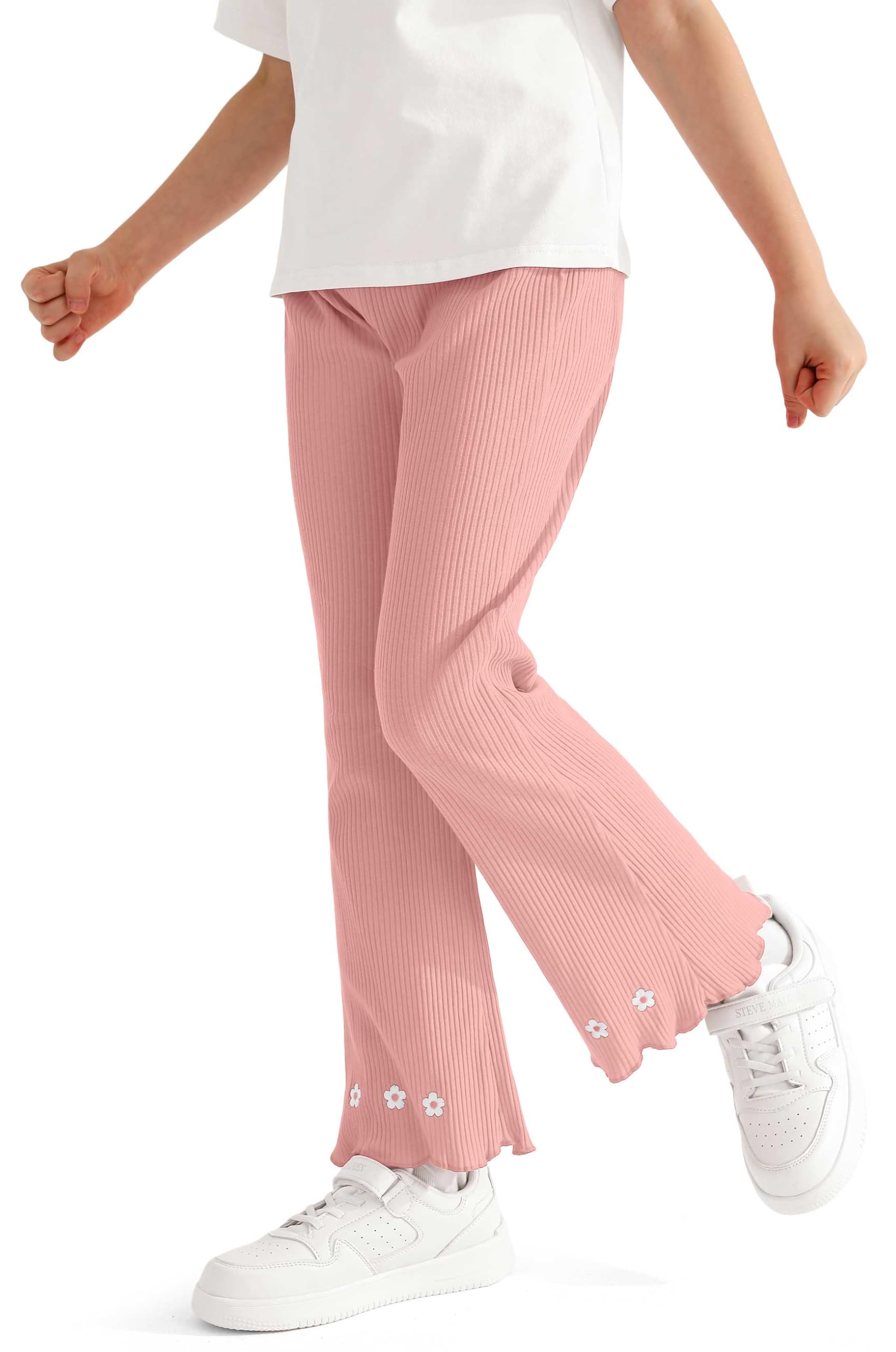 CVXV Little Girl's Knitted Ribbed Bell Bottoms Trousers Ruffle Leggings Bell-Bottomed Flare Pants,Pink,8-9 Years