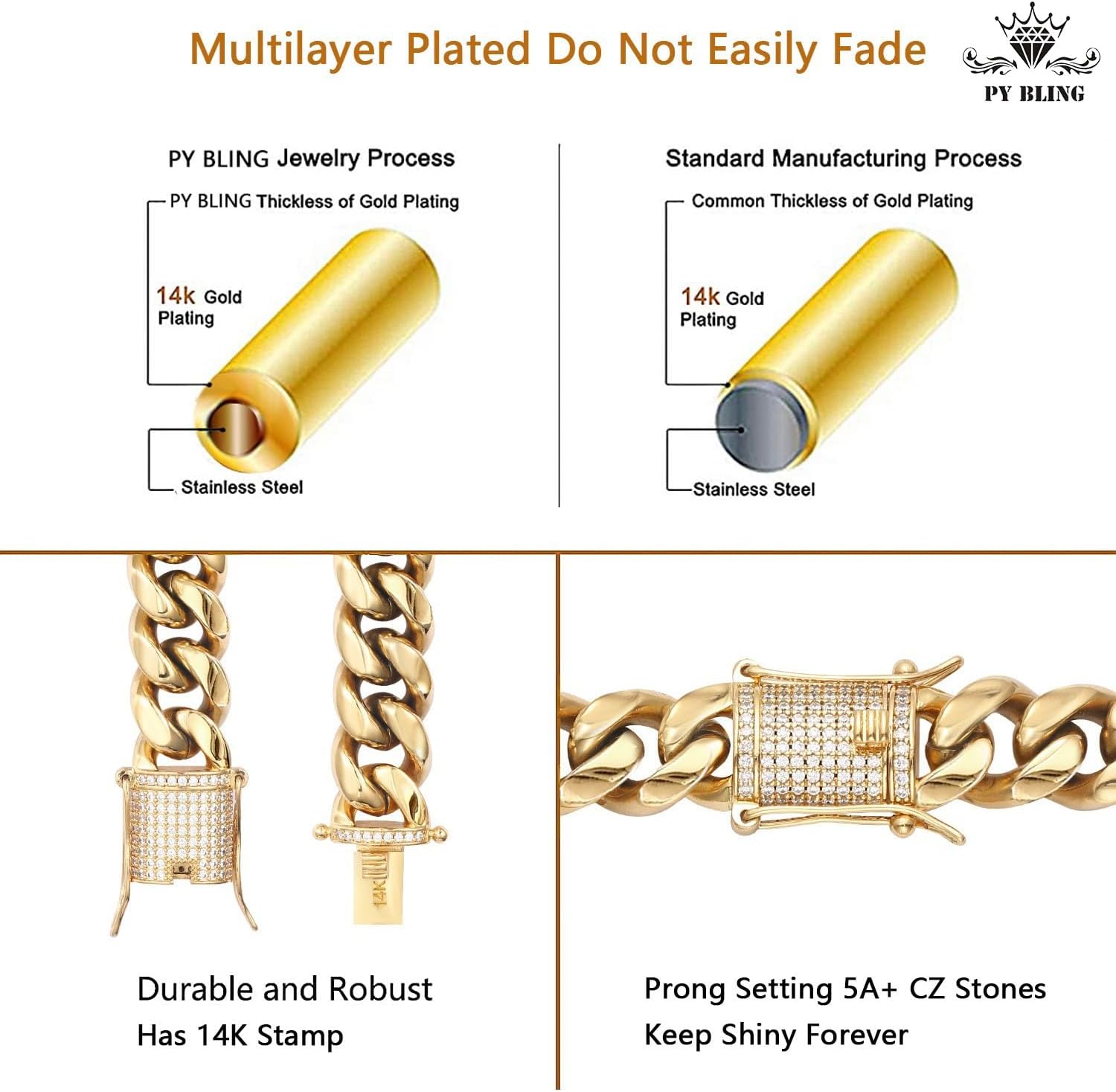 14k Gold Plated Mens Heavy Miami Cuban Link Chain Choker with Lab Diamond Clasp Stainless Steel Hip Hop Thick 8mm-16mm Necklace - Image 2