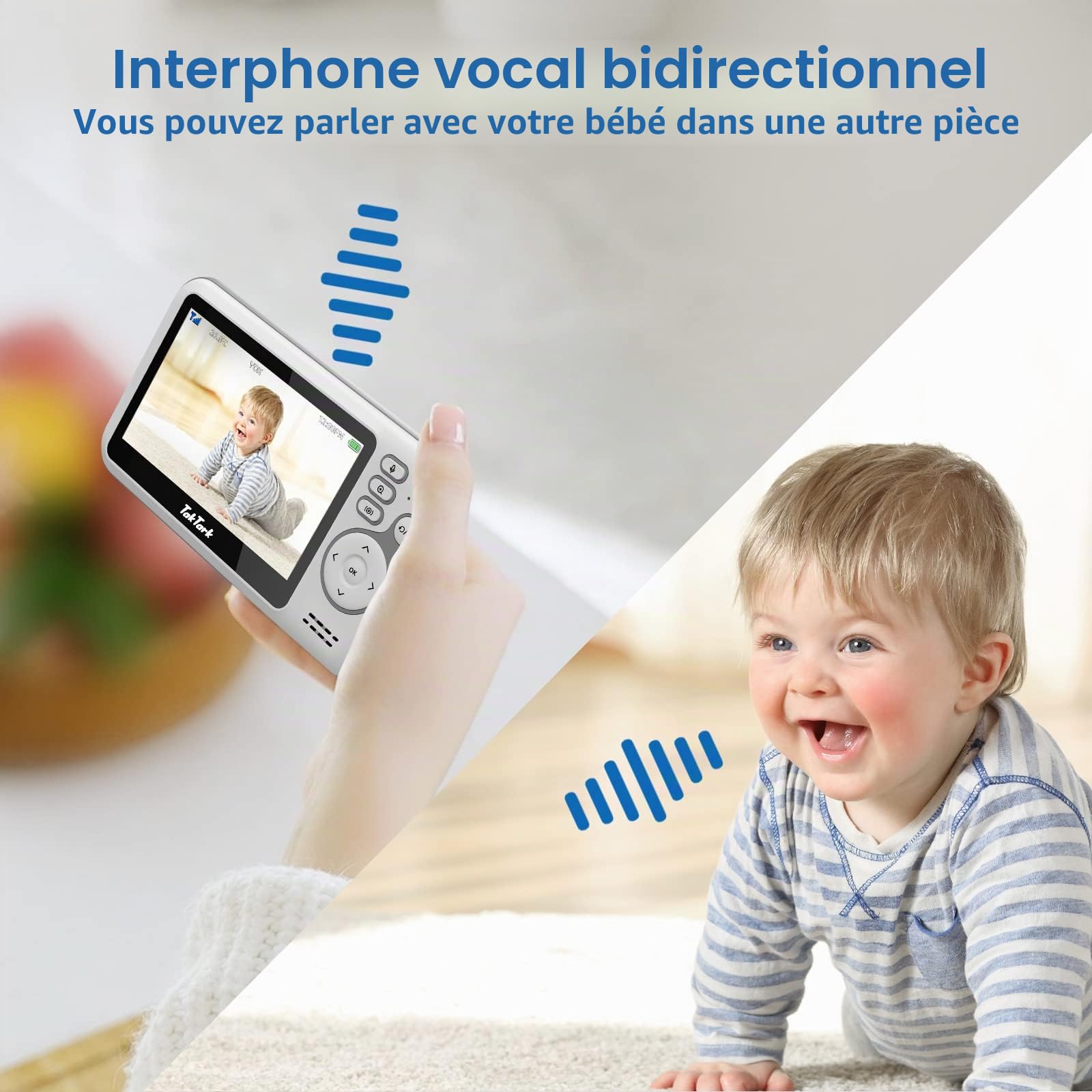 TakTark Babyphone Camera, 4.3'' Video Babyphones Caméra avec 300° Pan-Tilt-Zoom à Distance, Camera Bebe Surveillance de la Température, VOX, Vision Nocturne, Communication Bidirectionnelle