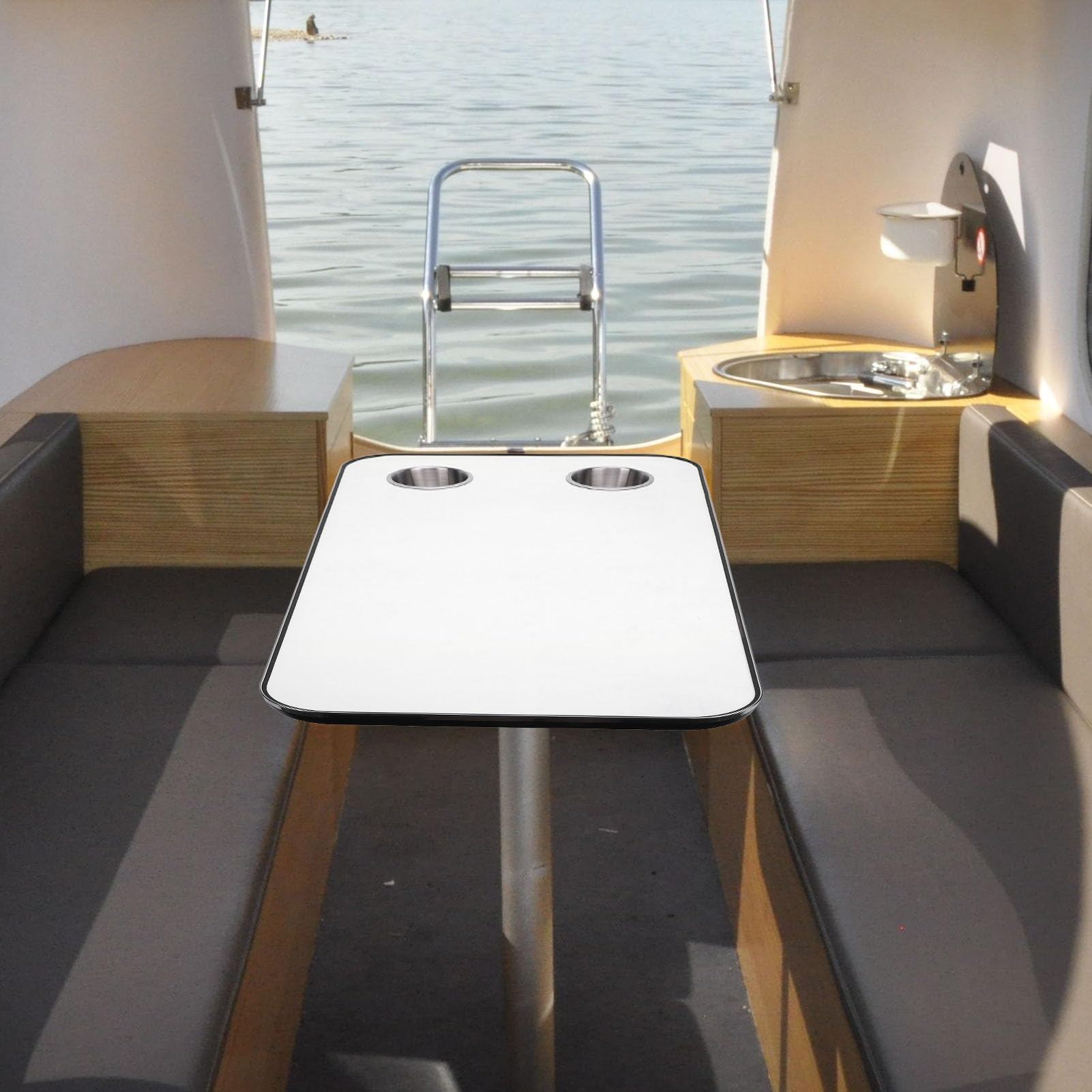 Ausla Plateau de Table pour Camping-Car en Bois Massif avec Porte-gobelets, Finition Lisse 800 X 400 Mm pour Camping-Cars, Bateaux, Yachts et Remorques (White)