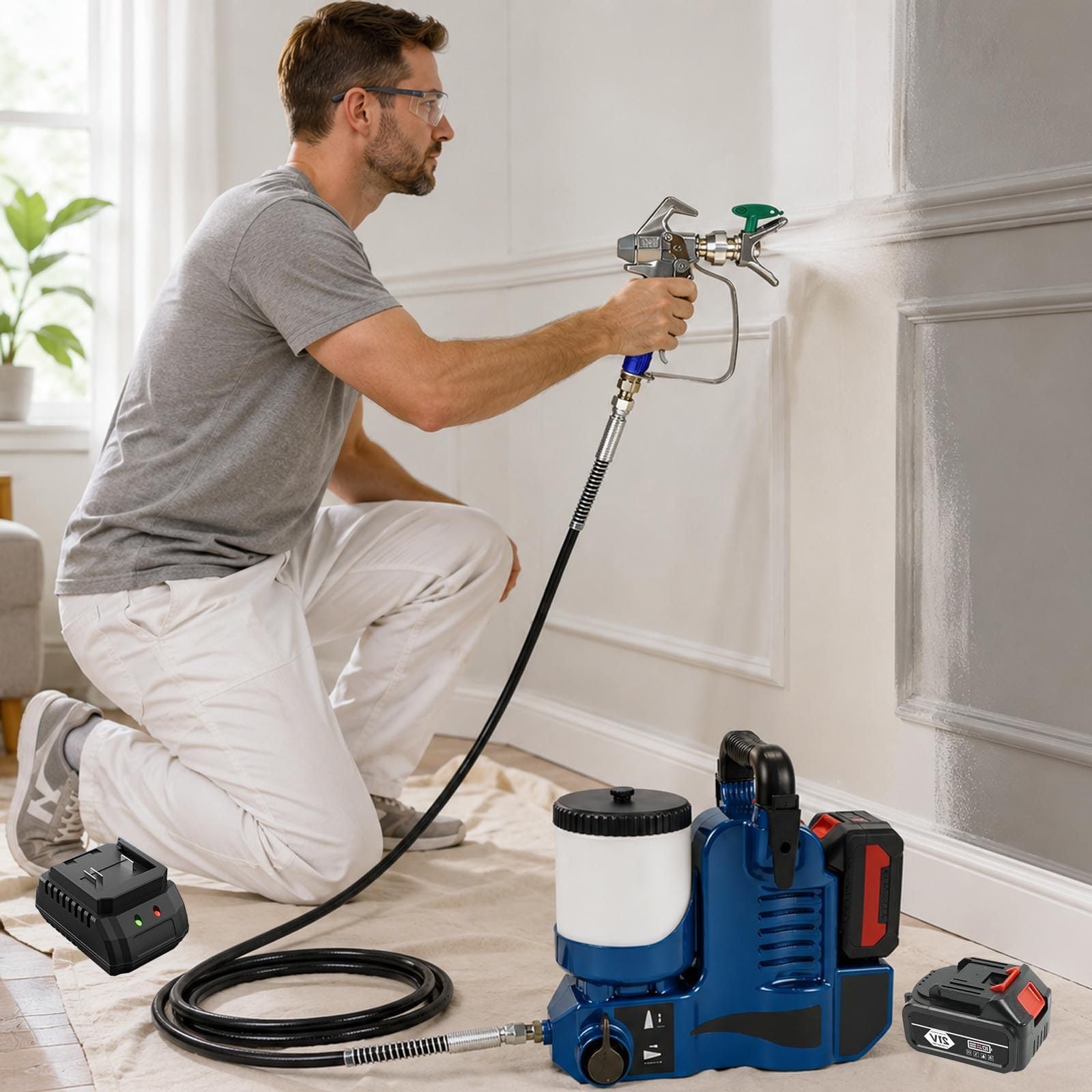 Pulverizador Airless de Alta Presión 550W, Equipo de Pintura con 2 Baterías, Cinturón, Depósito 1,2L y 6 Niveles para Reformas