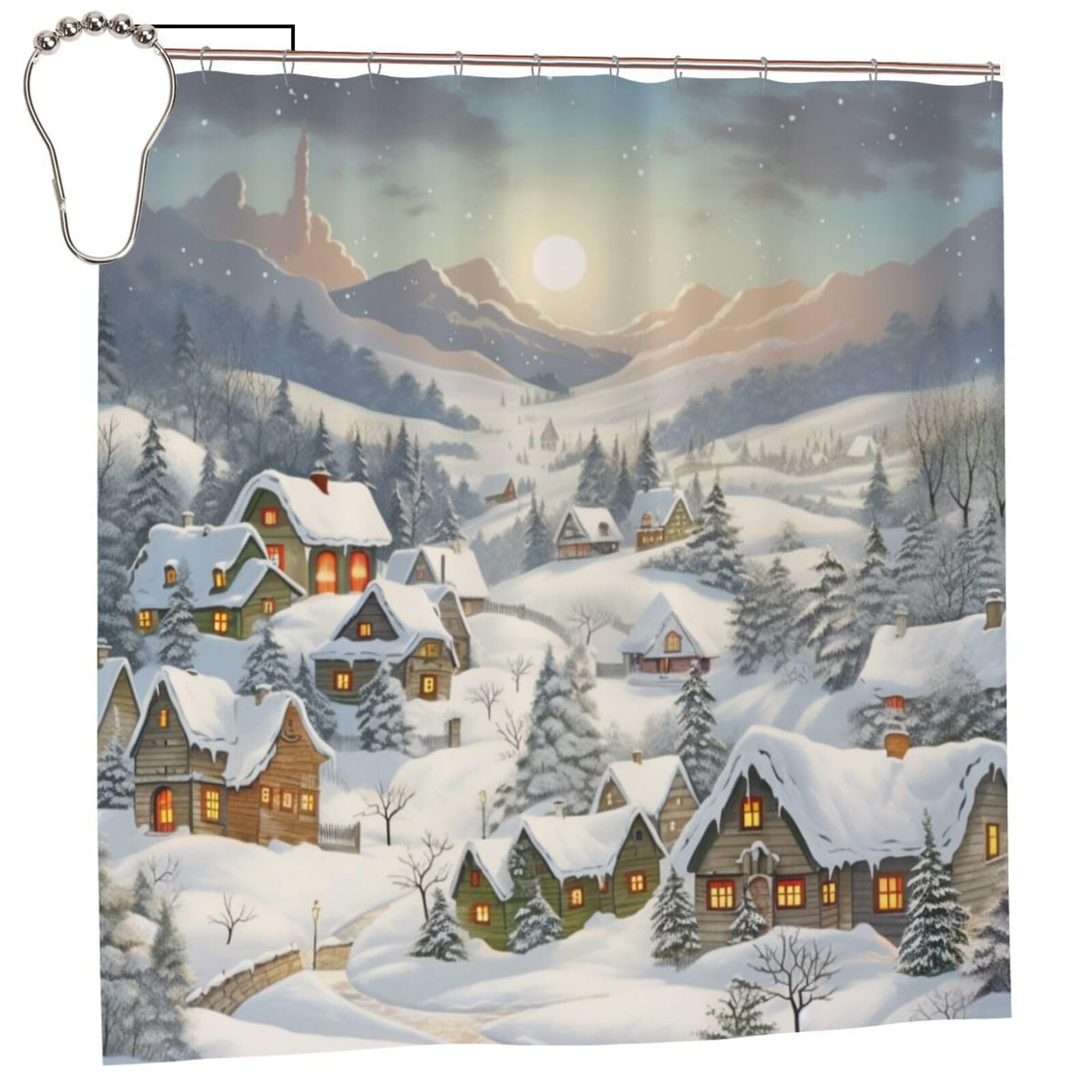 BWWHCCTI Snow Covered Village Town Printed Shower Curtain With 12 Iron Hooks Opaque Quick Drying Waterproof Shower Curtains Sets For Bathroom 183x183 CM