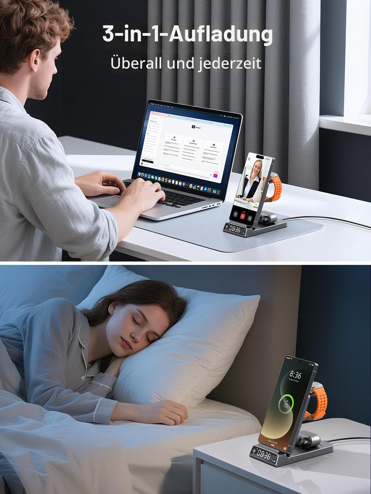 3 in 1 Drahtloses Ladegerät für Samsung Ladestation mit Uhr, Faltbare, Grau