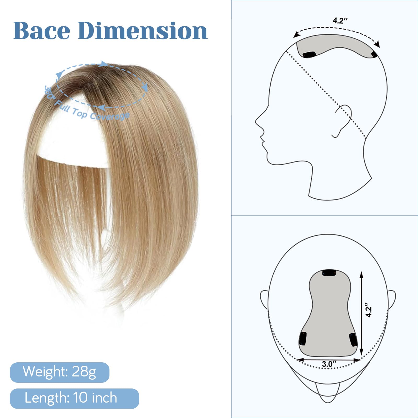 Haar Toppers für Frauen Echthaar Topper Leichtes Toupets für Frauen, 100% handgeknüpfte Toupets Clip in Haarteil für Dünner Haar Oberkopf Flauschiger Glatter Hair Topper ohne Pony(4T10/16#)