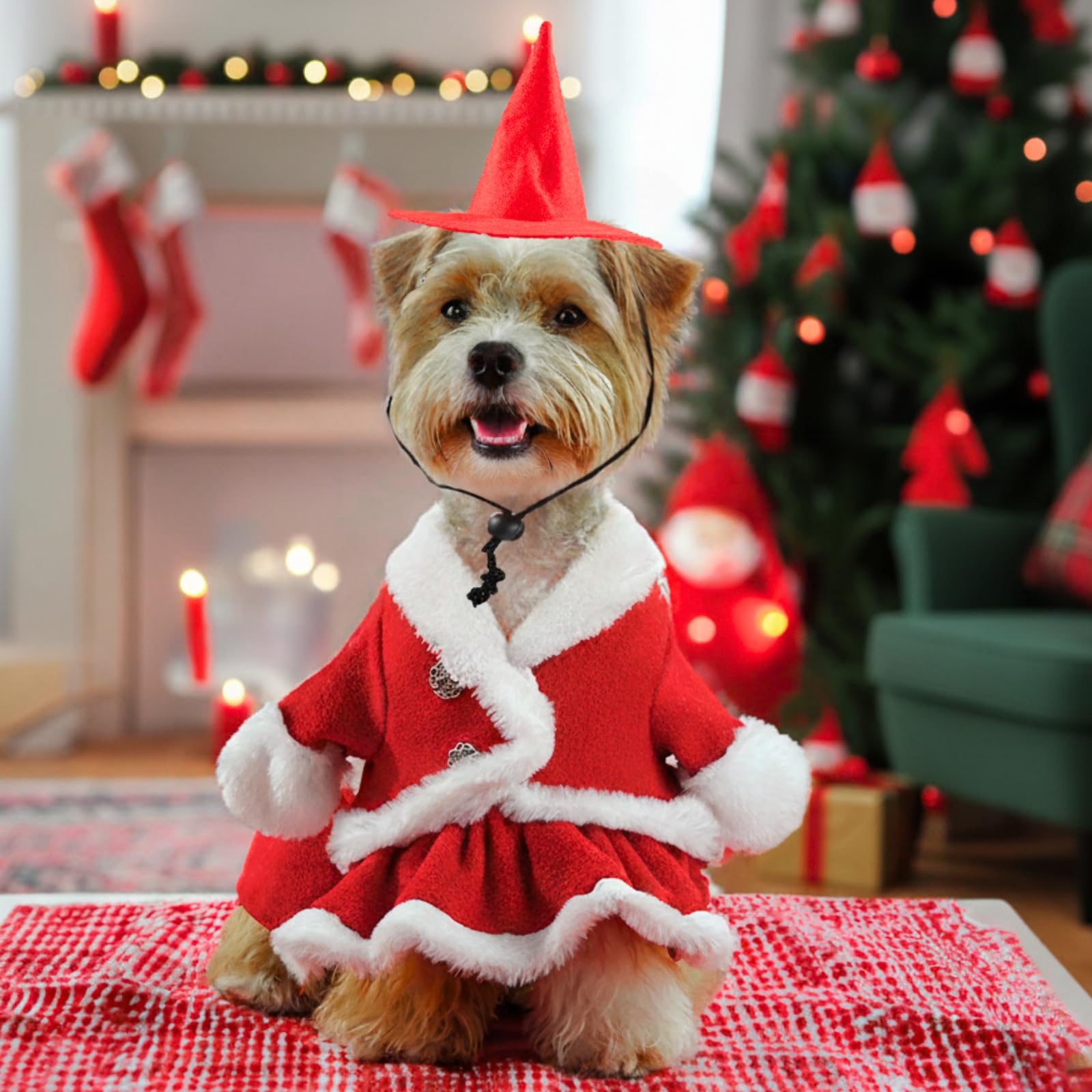 TVMALL Dog Christmas Costume Santa Outfit with Hat – Soft Fleece Puppy Xmas Fancy Dress – Funny Festive Pet Clothes Apparel for Small Medium Dogs, Cats (Dresses L)