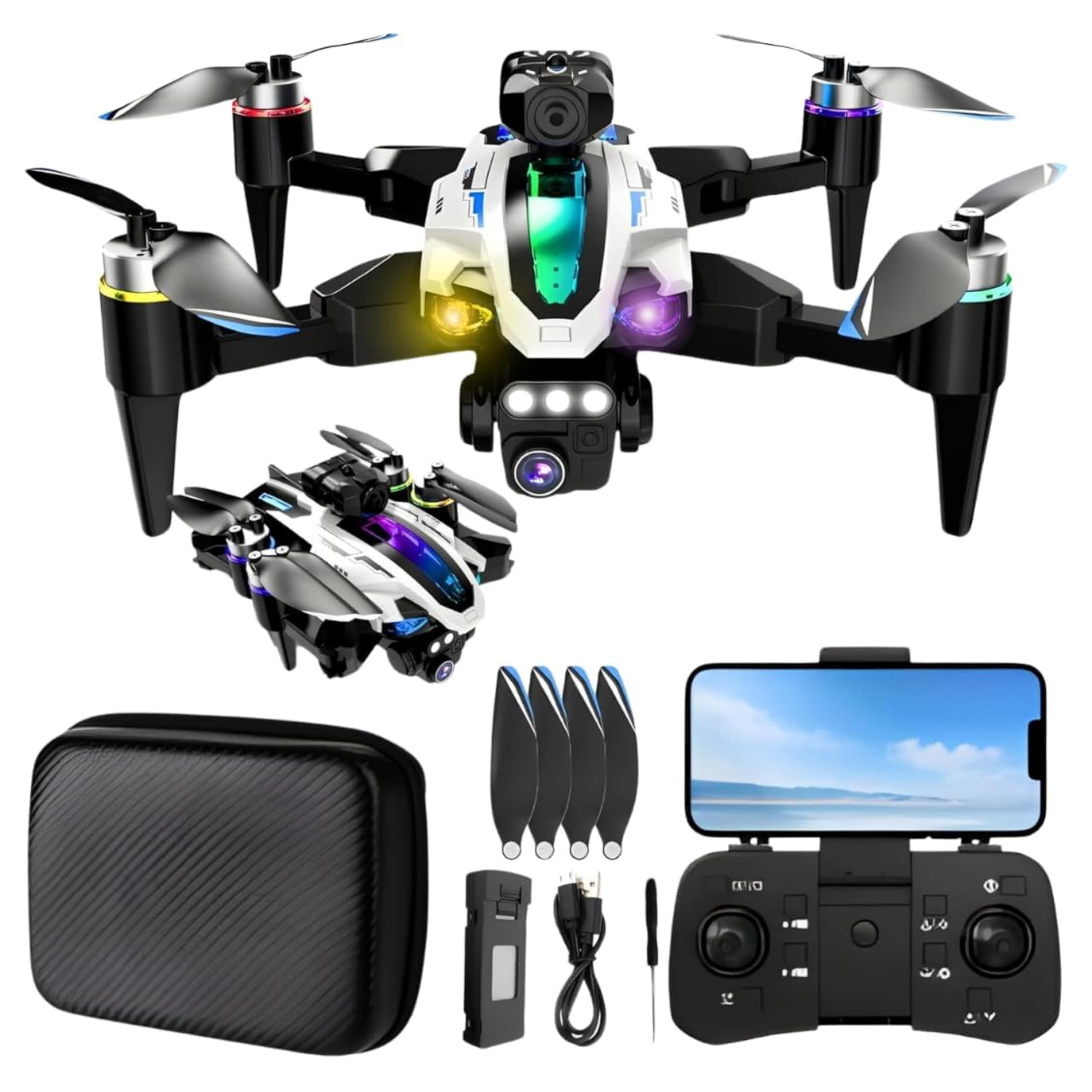 ADEPTNA Premium Foldable Camera Drone with Dual WiFi Cameras Obstacle Avoidance Brushless Motor Altitude Hold One-Key Start 360° Flip Long Battery Life Carry Case Quadcopter for Adults & Kids (WHITE)