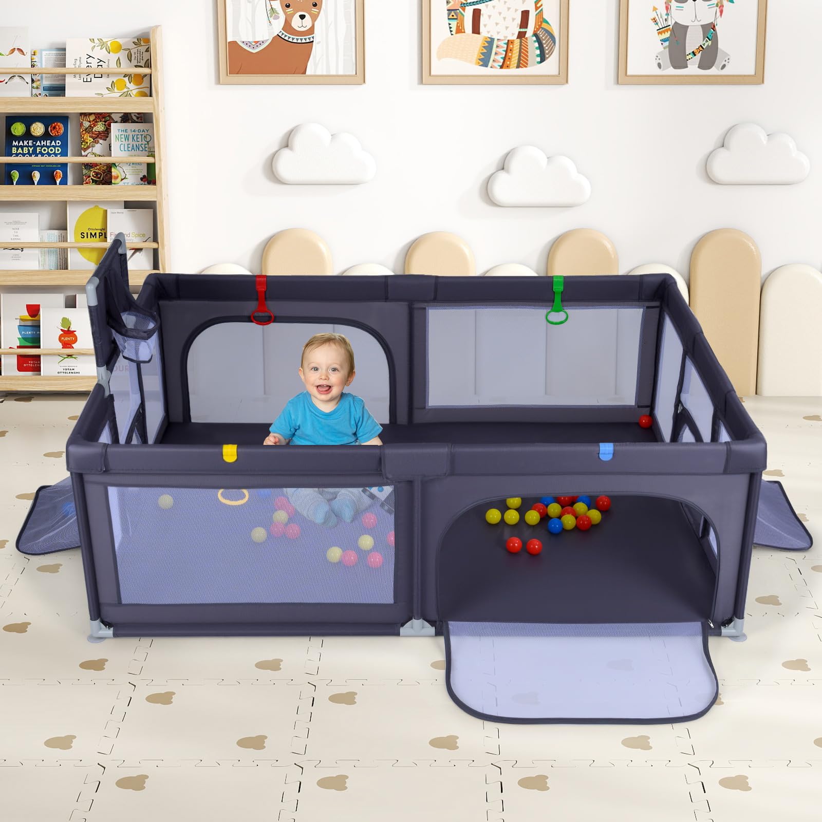 COSTWAY Box Neonati 210x150 cm Recinto Bambini Pieghevole con Canestro Basket 2 Porte Calcio Parco Giochi 50 Palline 4 Anelli Borsa Trasporto Grigio Scuro
