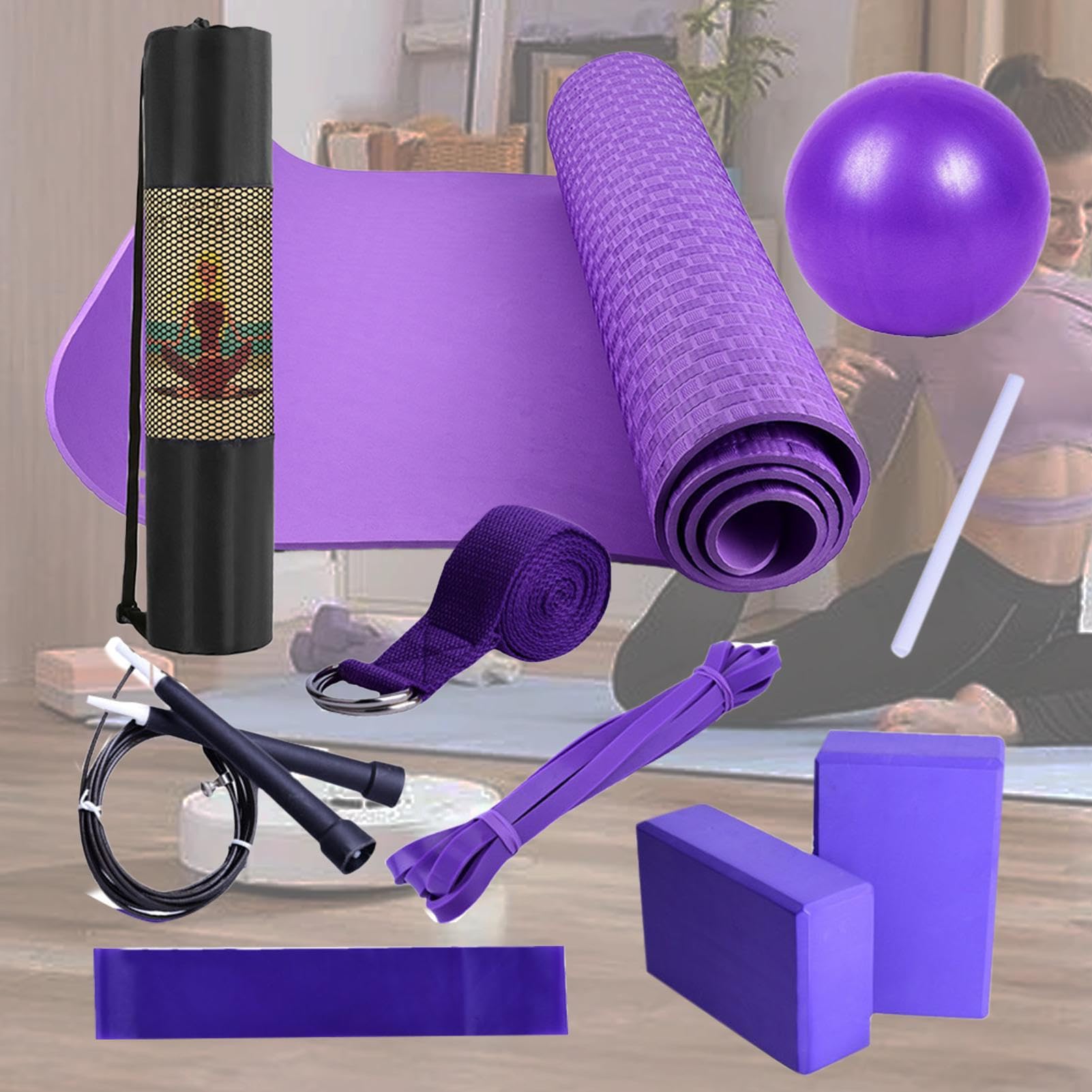 Yoga-Übungsset – Fitness-Matten-Block-Bündel, Latex-Stärke, Widerstandsband, Flexibilitäts-Stretch-Gurt-Ausrüstung, Heimtraining, Trainingsset für Damen und Herren, Pilates, Stretch-Kraftübungen