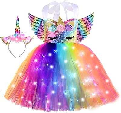ZeroStage Toddler Dress Up Clothes for Little Girls, Light Unicorn Birthday Decorations Gifts Baby Halloween Costume Themes Party Tutu Princess Outfit 1-2 Old Year Rainbow with Wings Headband