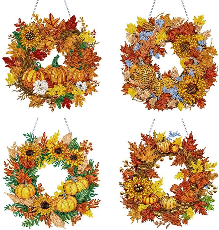 4Pcs DIY 5D Autumn Wreath Diamond Art Painting Kits Window Hanging Ornament Window Pendants for Adults Home Garden Wall Door Decor