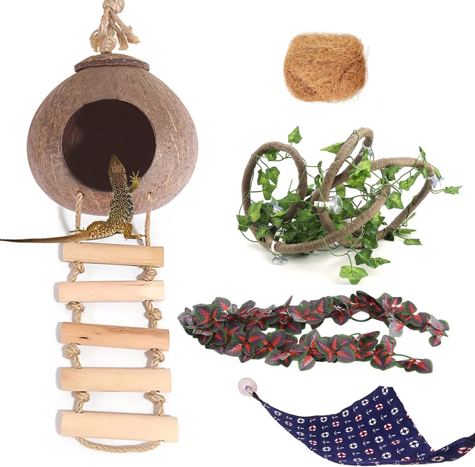 Crested Gecko Tank Accessories, Coconut Hut with Ladder Reptile Hammock Colorful Hanging Plants Jungle Climber Vine Coco Shell Hideout Habitat Decor for Bearded Dragon Lizard Gecko Snake