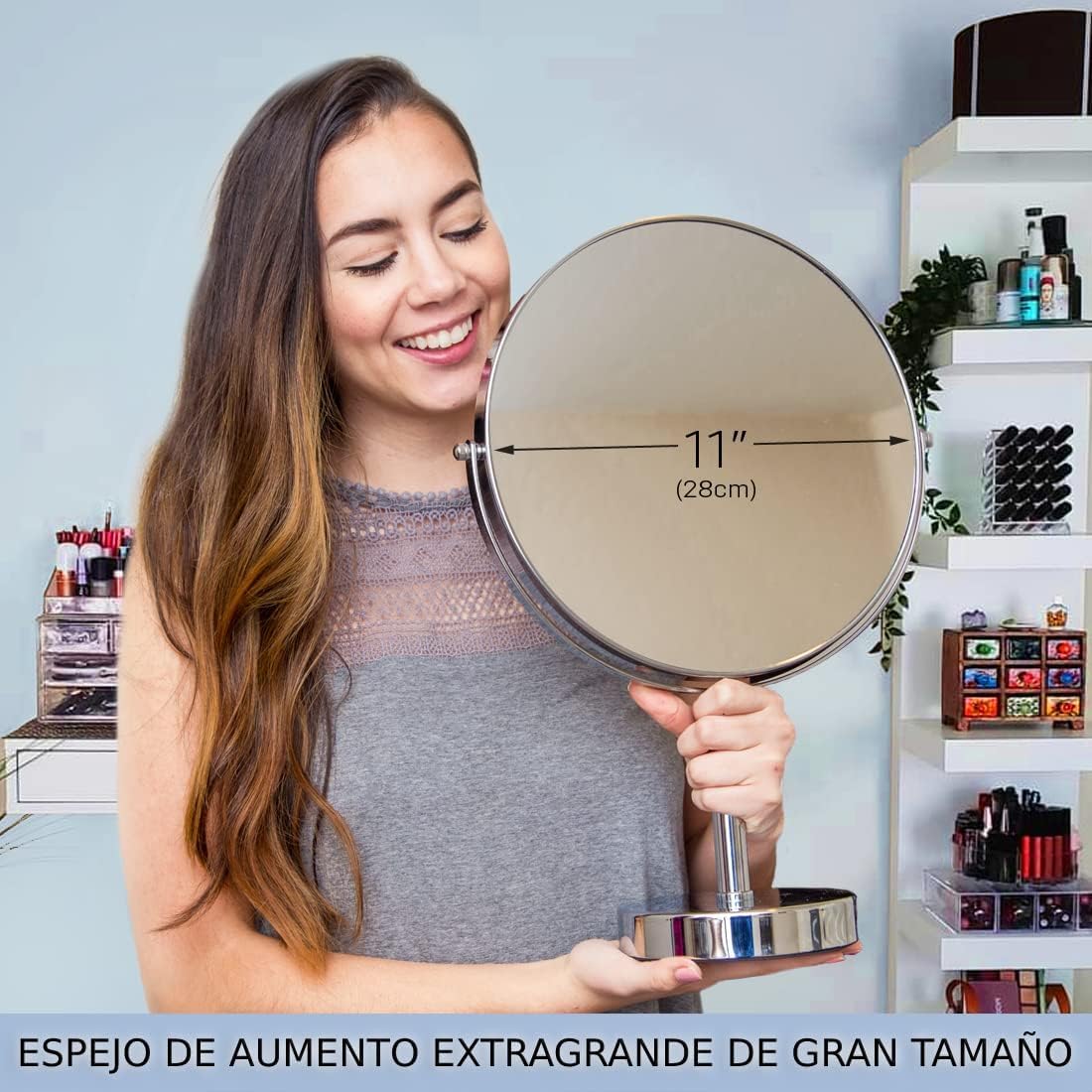 Mirrorvana Espejo Extra Grande de Maquillaje con Aumento 3X/1X de Doble Cara - Espejo de Mesa con rotación de 360° sin luz para baño y tocador - 43 cm x 28 cm