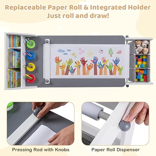 Miniatura 2 de Costzon Mesa y silla de arte para niños, mesa de madera para manualidades con rollo de papel y contenedores de tela para dibujar, leer, estudiar y