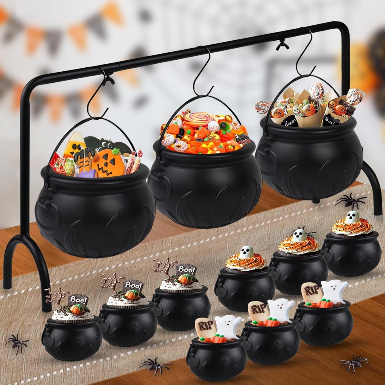 12-Pack Halloween Cauldrons – Hanging Candy Buckets & Serving Bowls
