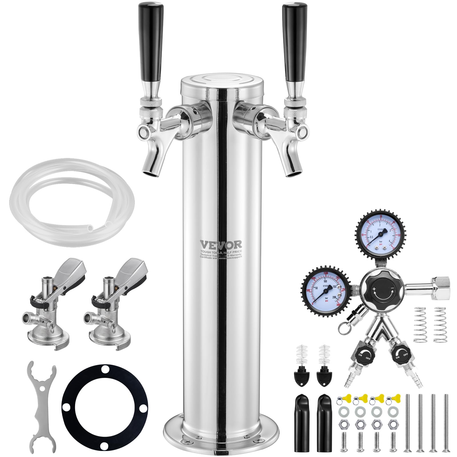 VEVOR Kegerator zestaw do konwersji piwa z dwoma kranami, dozownik wieży piwa ze stali nierdzewnej z podwójnym urządzeniem pomiarowym W21.8 i sprzęgłem beczkowym systemu A, tacka na imprezy w domu