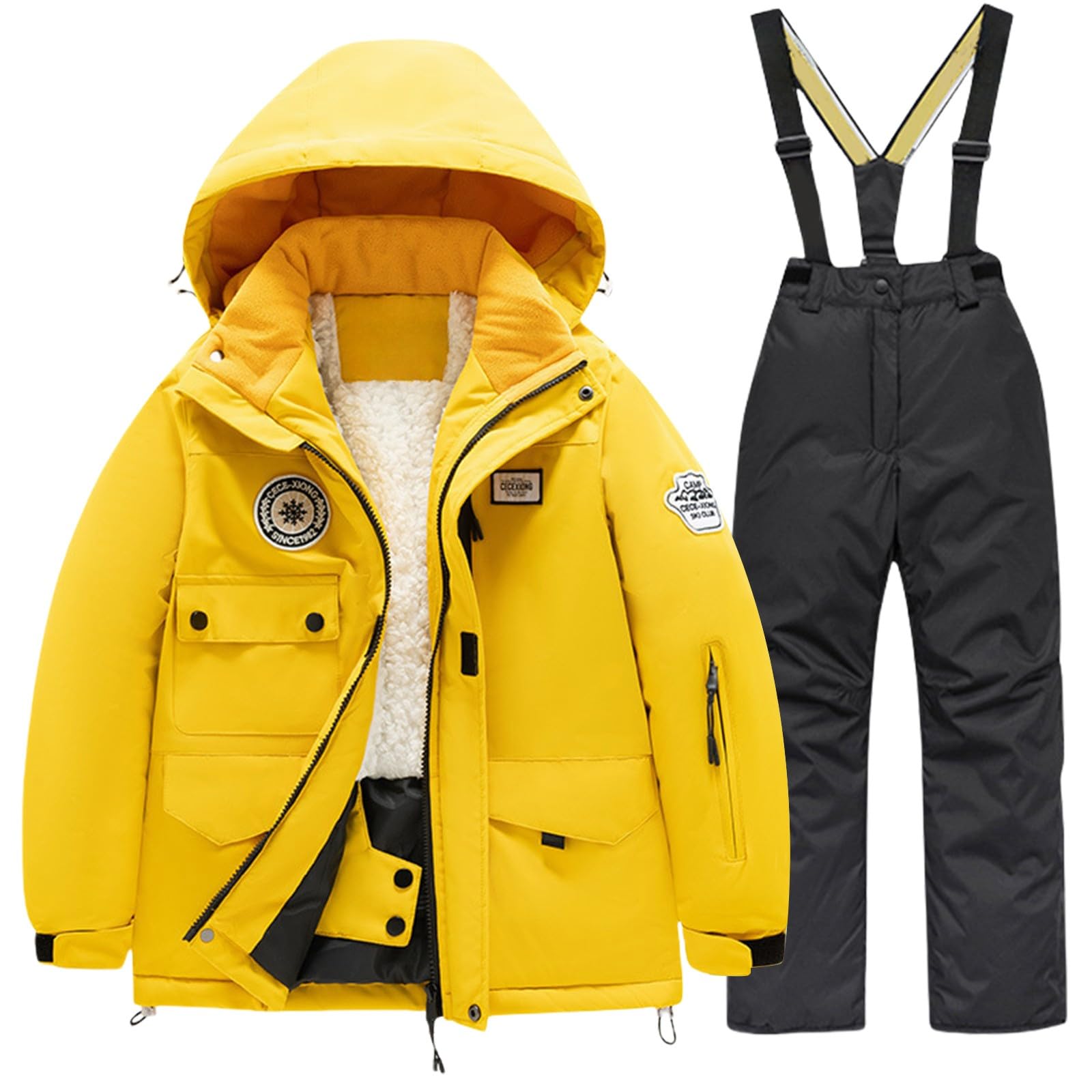 Traje de nieve con forro polar acolchado para niños y niñas, grueso, resistente al viento, 2 piezas, chaqueta de esquí acolchada con cremallera, pantalones cálidos