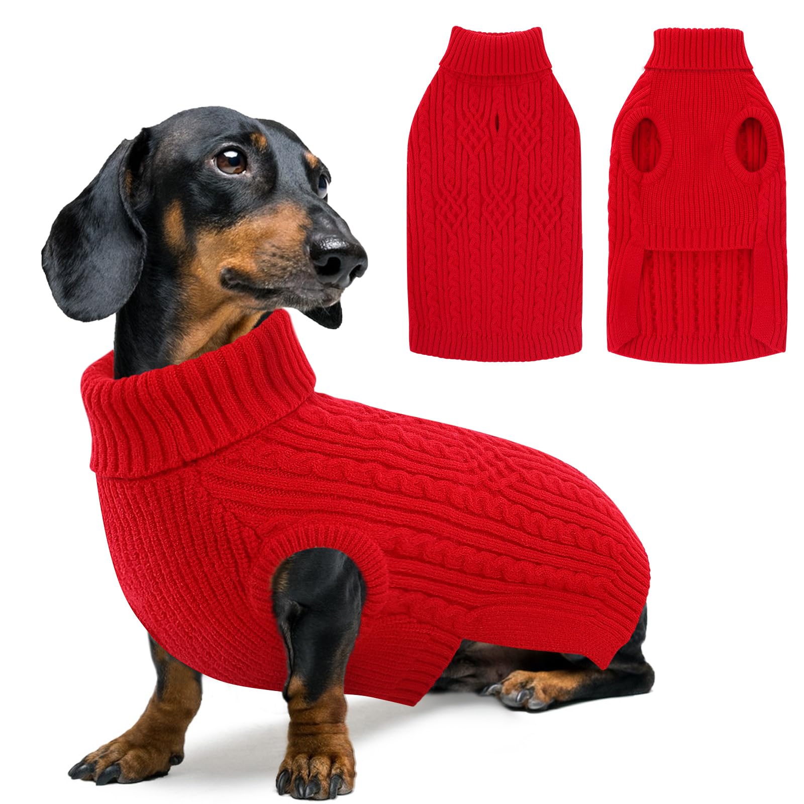 AOFITEE Small Dog Jumper, Turtleneck Dog Jumpers for Small Dogs Girls Boys, Warm Dog Xmas Jumper with Harness Hole, Thermal Puppy Knitted Jumpers Knitwear Clothes for Dachshund, Red S