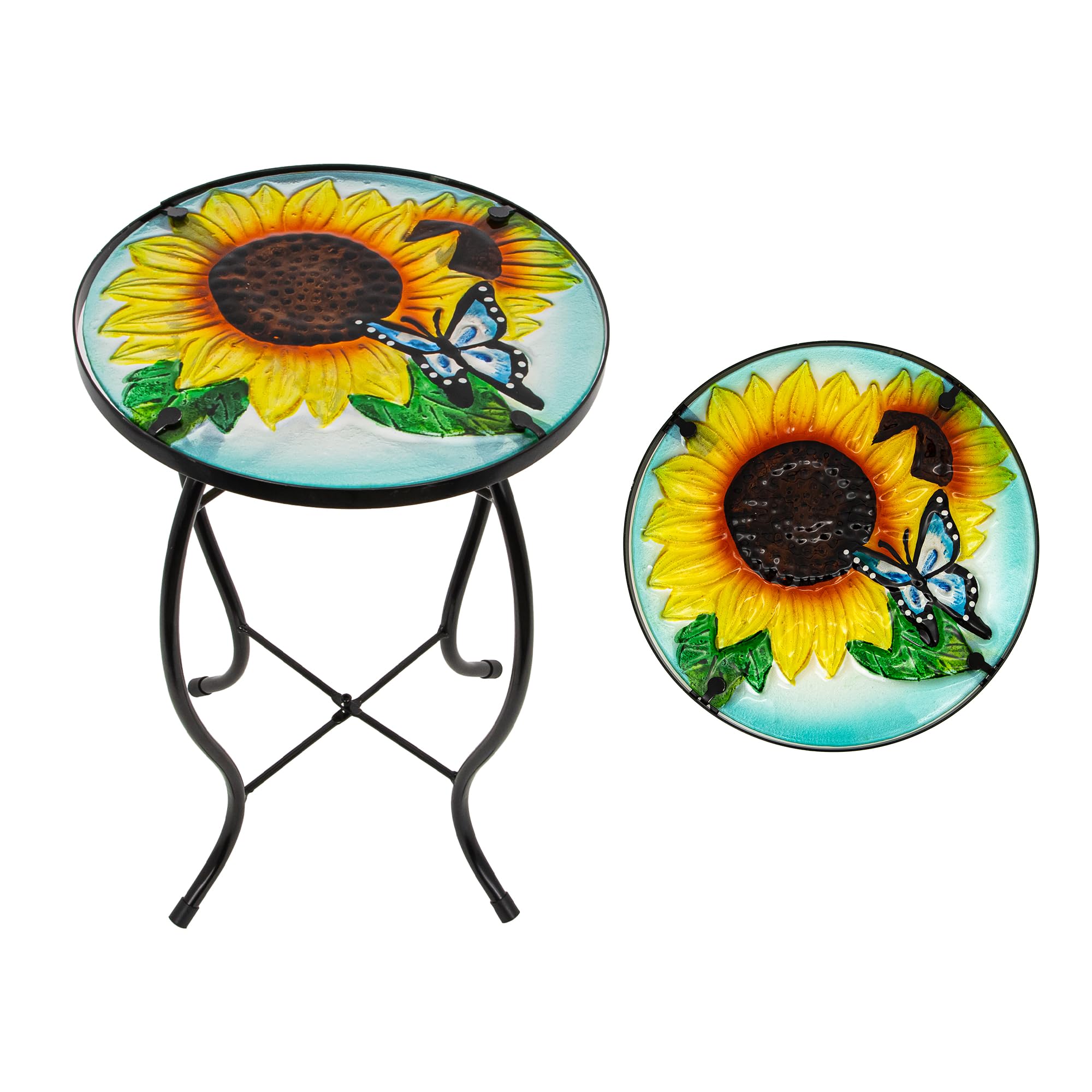Weibefee Butterfly Sunflower Small Patio Table,Outdoor Side Table,Outdoor Bar Tables,Metal Glass End Table for Porch Garden Yard Living Room Valentine