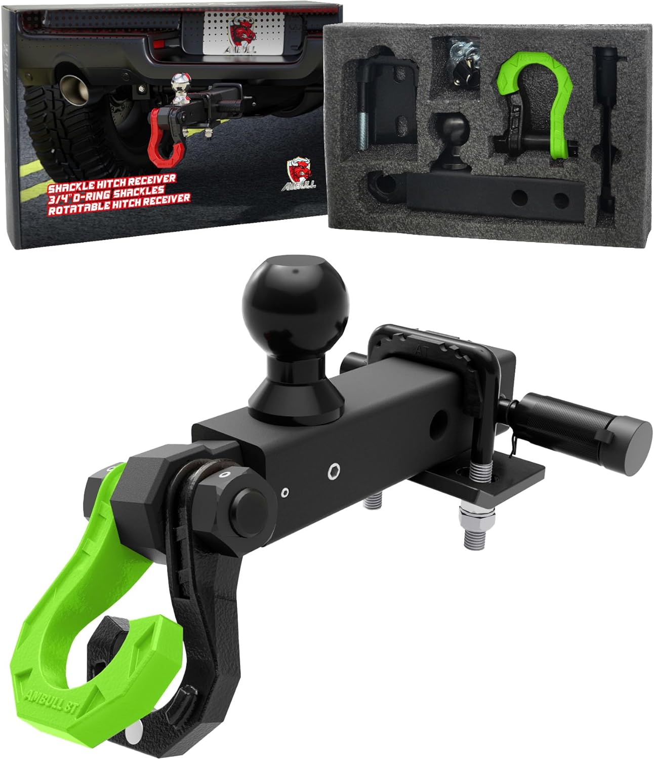 Rotatable D Ring Separate Shackle Trailer Hitch Receiver & 2-Inch Ball Mount, 3/4" Shackle with 2" Towing Ball Mounts, 23T/50706Lbs Break Strength Heavy Duty Towing Recovery Hitch, Blackgreen