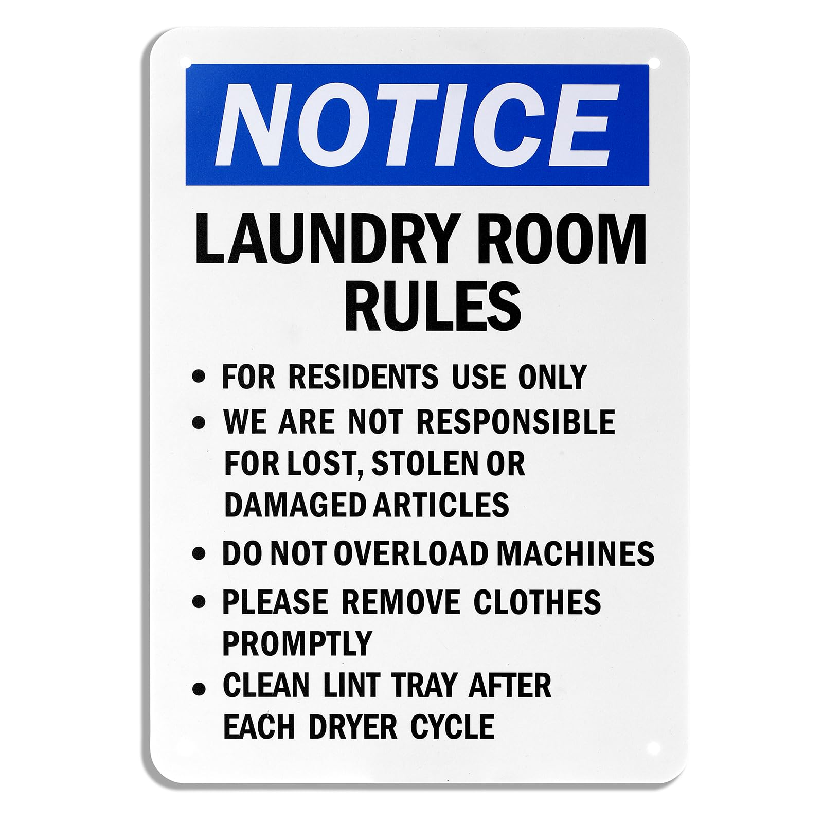 Laundry Room Rules Sign,“Resident Use, Not Responsible For Damage, Remove Promptly, Clean Lint” Notice Sign 12x8 Tin Sign