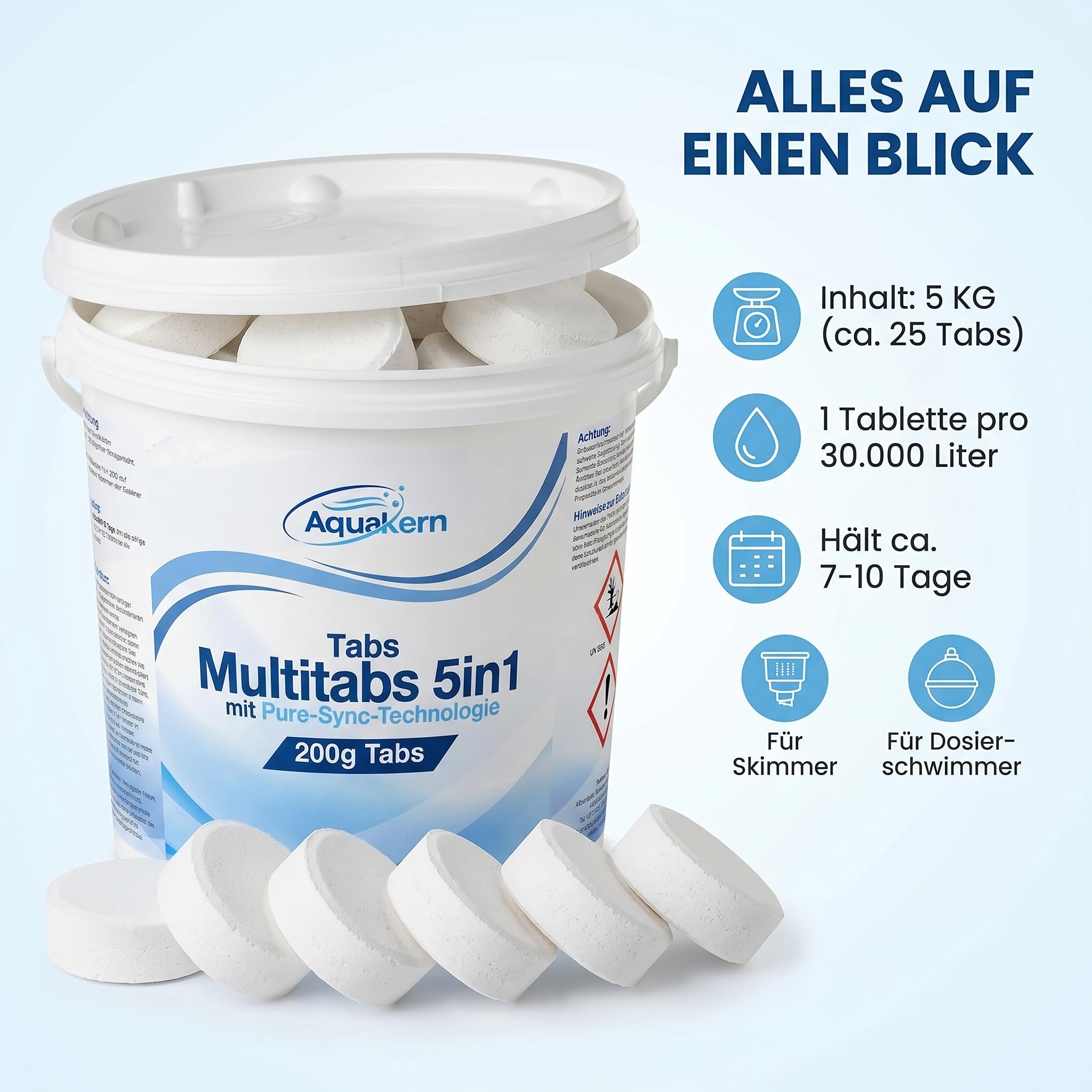 Chlortabletten Multitabs 5in1 Pool 200G 5KG [mit Pure-SYNC] einzeln verpackt | gegen Algen, mit pH-Regulierung, Pooldesinfektion & gegen Kalkablagerungen | Made in Europe
