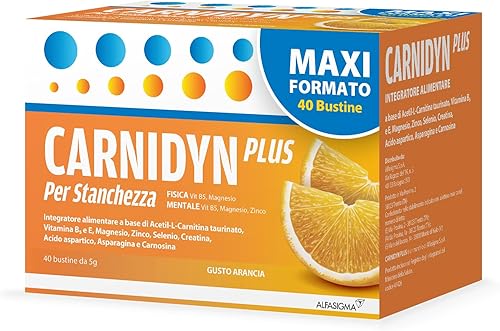 Carnidyn Plus Integratore Alimentare con Carnitina, Zinco e Vitamina B5, Supporto per Stanchezza Fisica, Mentale e Stress, 2 x 20 bustine, Gusto Arancia Generico - integratore