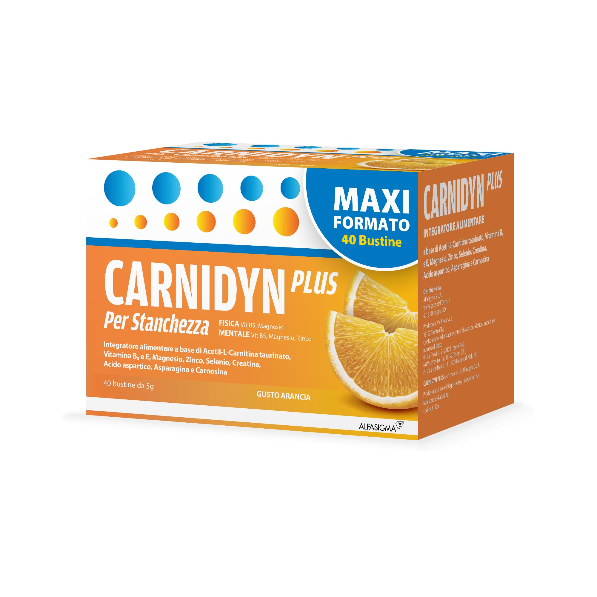 Carnidyn Plus Integratore Alimentare con Carnitina, Zinco e Vitamina B5, Supporto per Stanchezza Fisica, Mentale e Stress, 2 x 20 bustine, Gusto Arancia