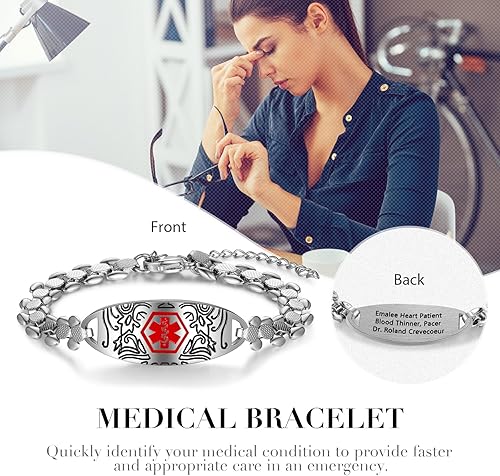 Miniatura 3 de Jewelstruck Pulseras de alerta médica para mujer, pulseras ajustables de identificación de emergencia, grabado gratuito, pulseras médicas
